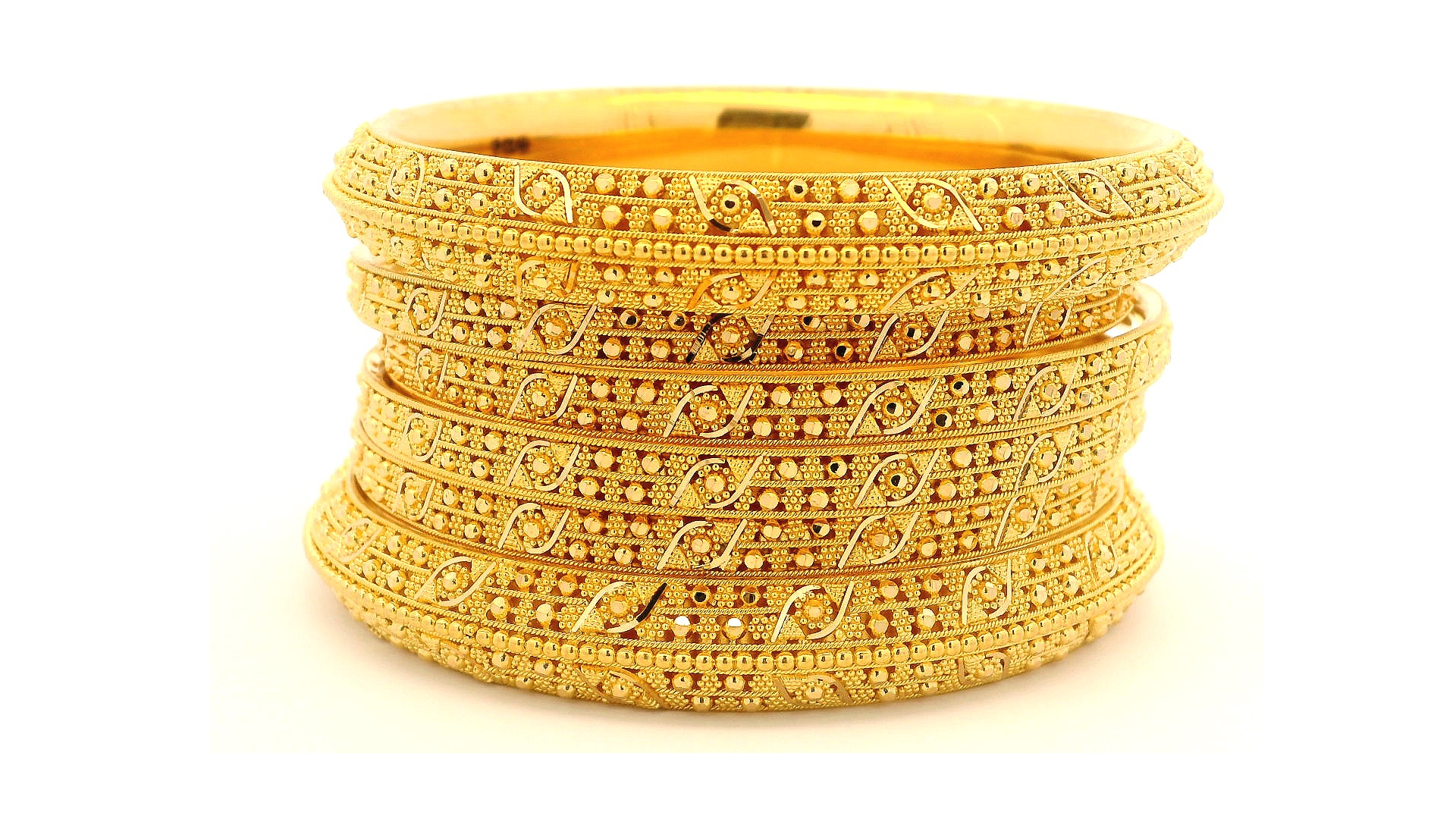 6-Piece 22ct Gold Bangle Set: Filigree Design Comfort Fit