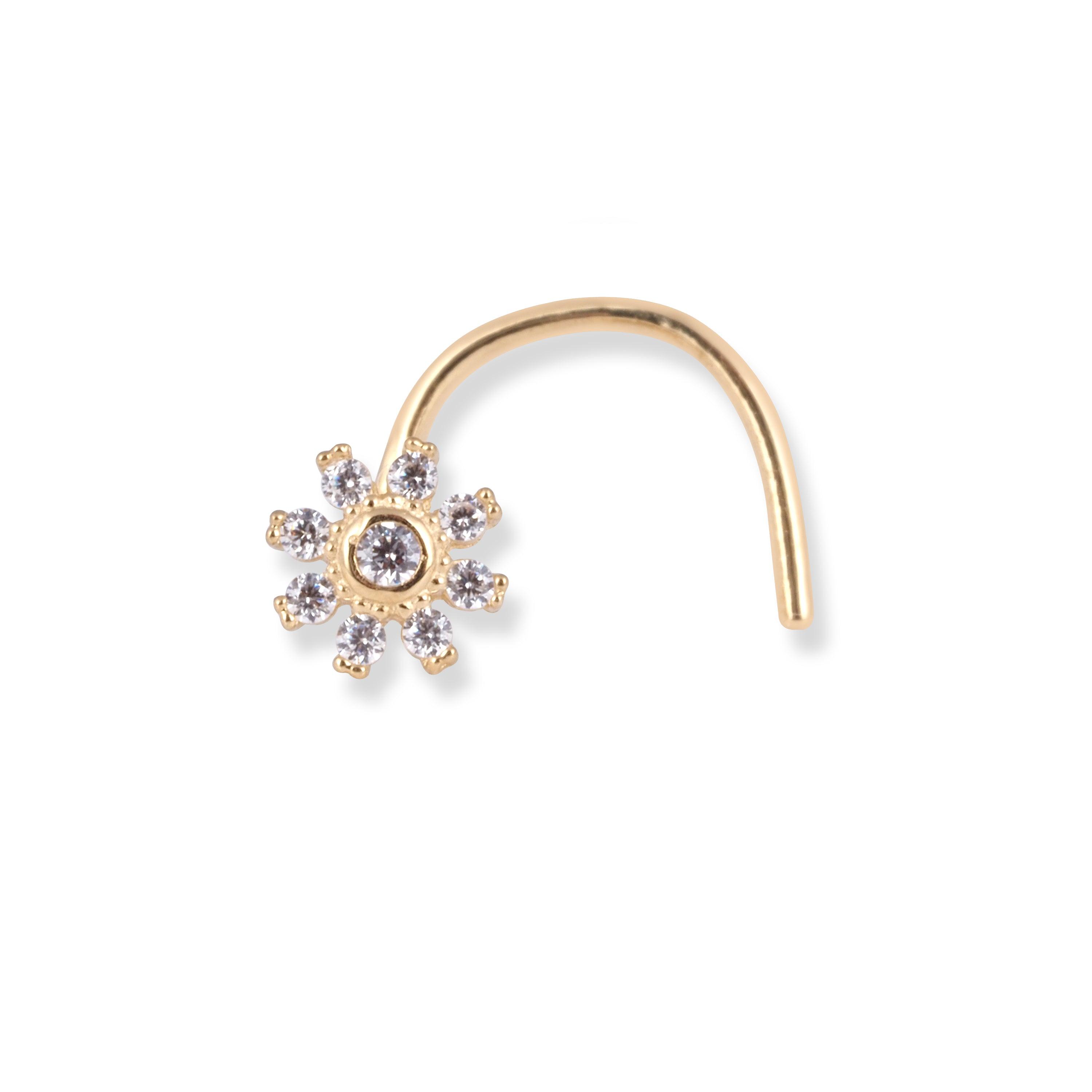 18ct Yellow Gold Flower Design Wire Back Nose Stud with 9 White Cubic Zirconia Stones NS-7570 - Minar Jewellers
