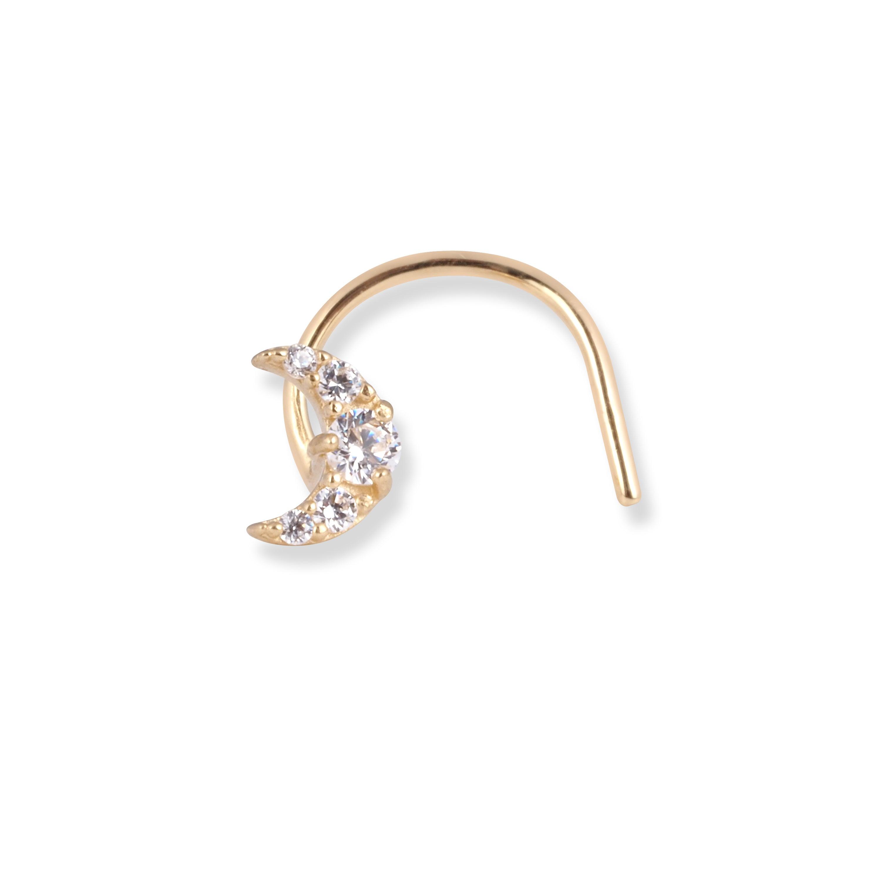 18ct Yellow Gold Moon Shaped Wire Back Nose Stud with Cubic Zirconia Stone NS-7568 - Minar Jewellers