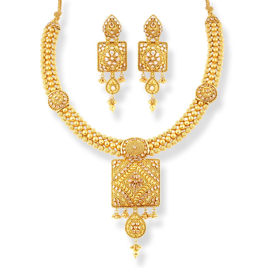 22ct Gold Necklace and Earrings set with Antiquated Look Design and Polki Stones N-8551 E-8551N - Minar Jewellers