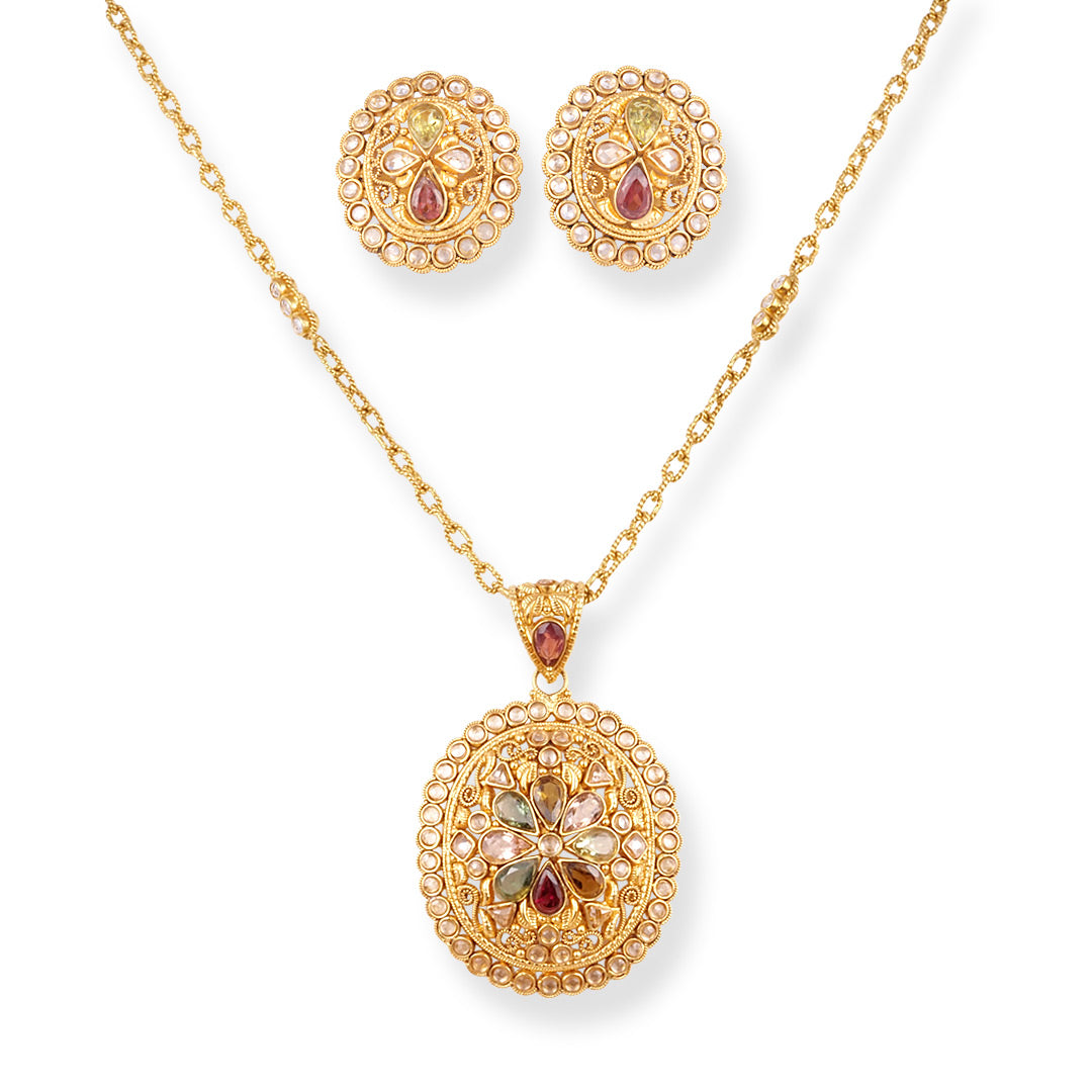 22ct Gold Antique-Finish Necklace Earrings Set with Cubic Zirconia