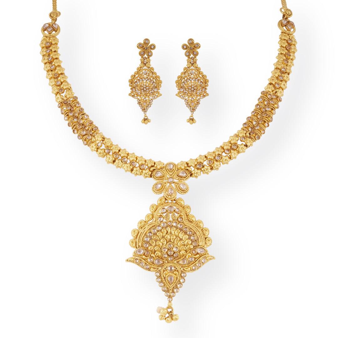 22ct Gold Antiquated Look Design Necklace with Cubic Zirconia Stones & Hook Clasp N-8639 E-8639 - Minar Jewellers
