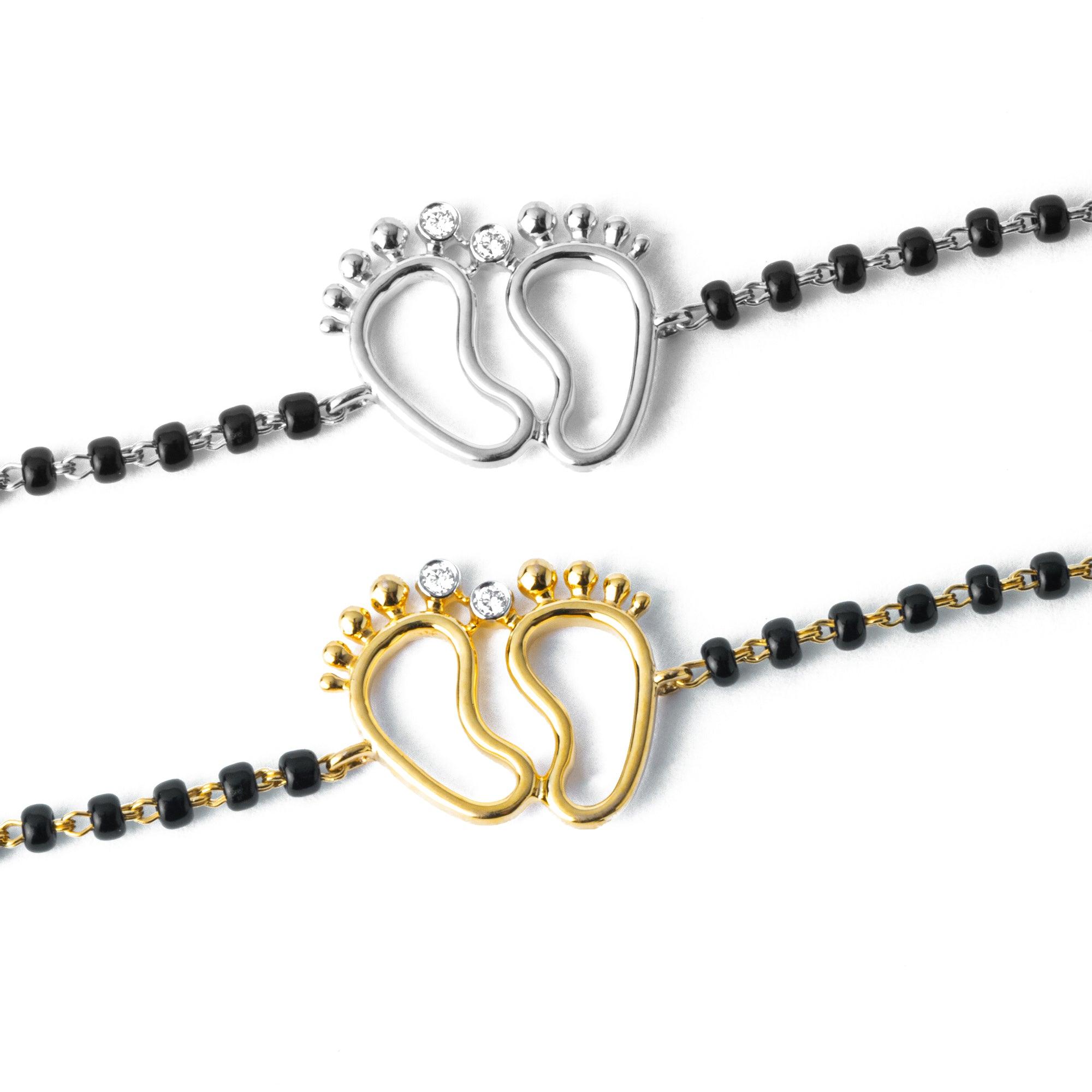 18ct Yellow Gold / 18ct White Gold Diamond Adjustable Children's Bracelet with Small Feet and Black Beads MCS4275 - Minar Jewellers
