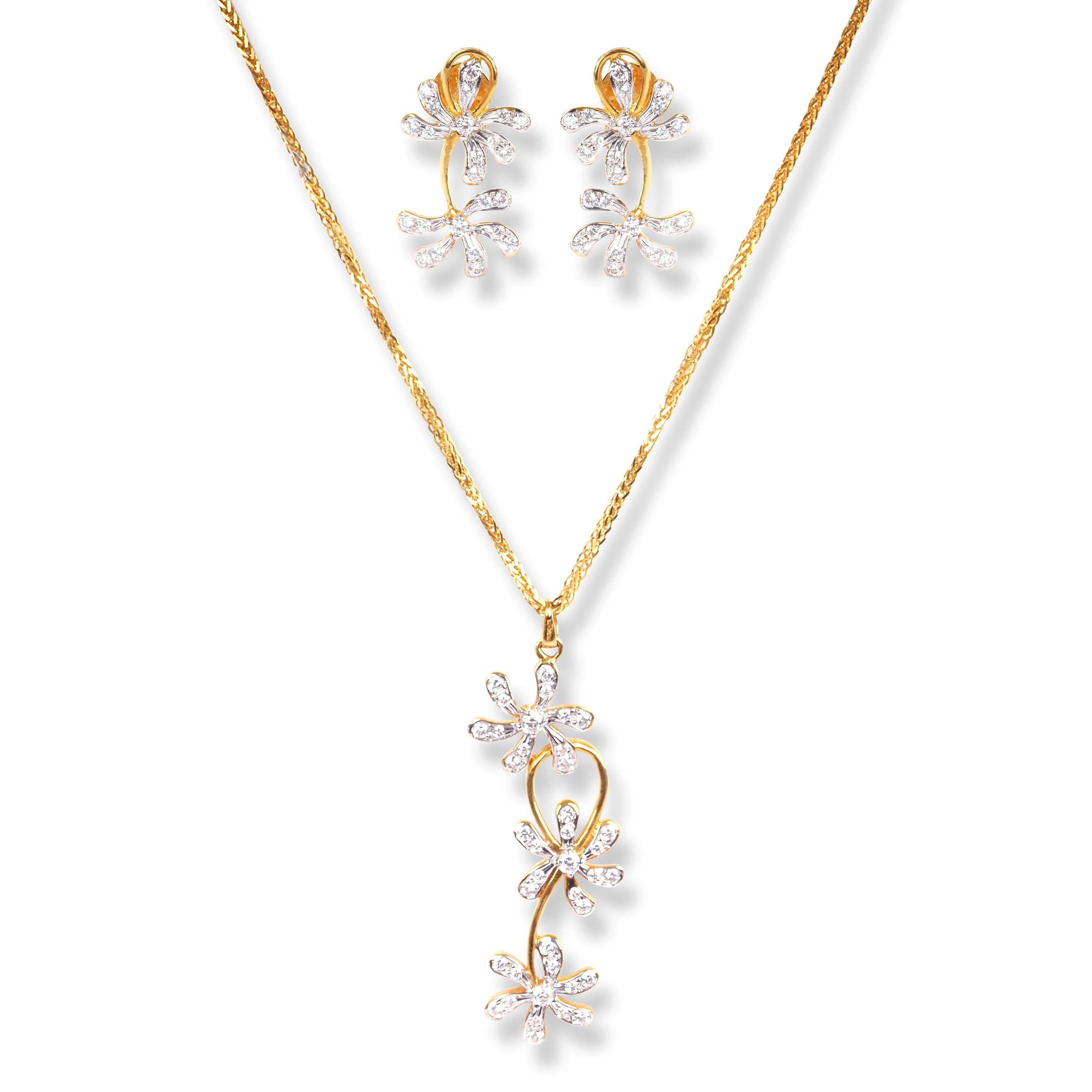 18ct Yellow Gold Floral Design Set with Cubic Zirconia Stones (Pendant + Chain + Stud Earrings) - Minar Jewellers