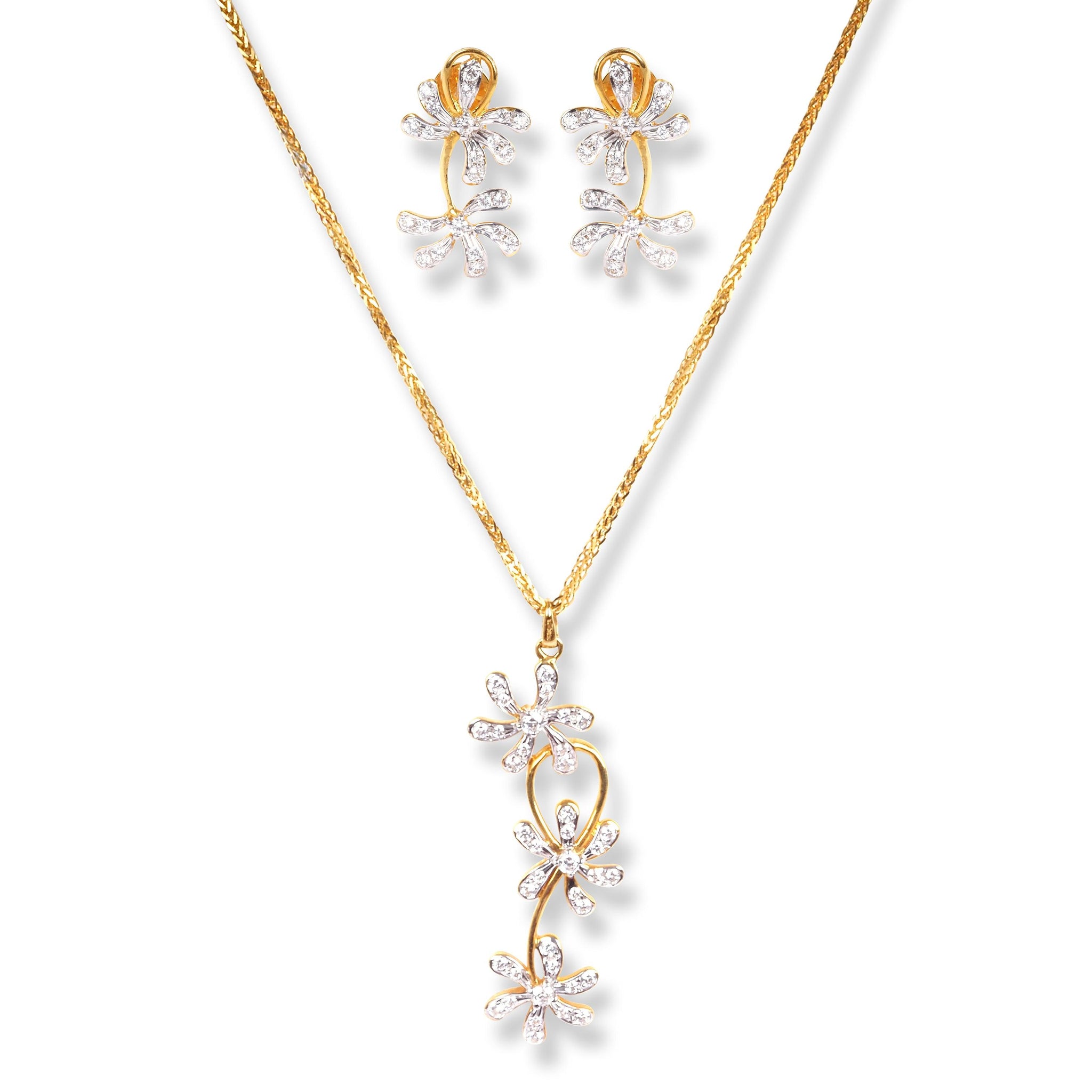 18ct Yellow Gold Floral Design Set with Cubic Zirconia Stones (Pendant + Chain + Stud Earrings)