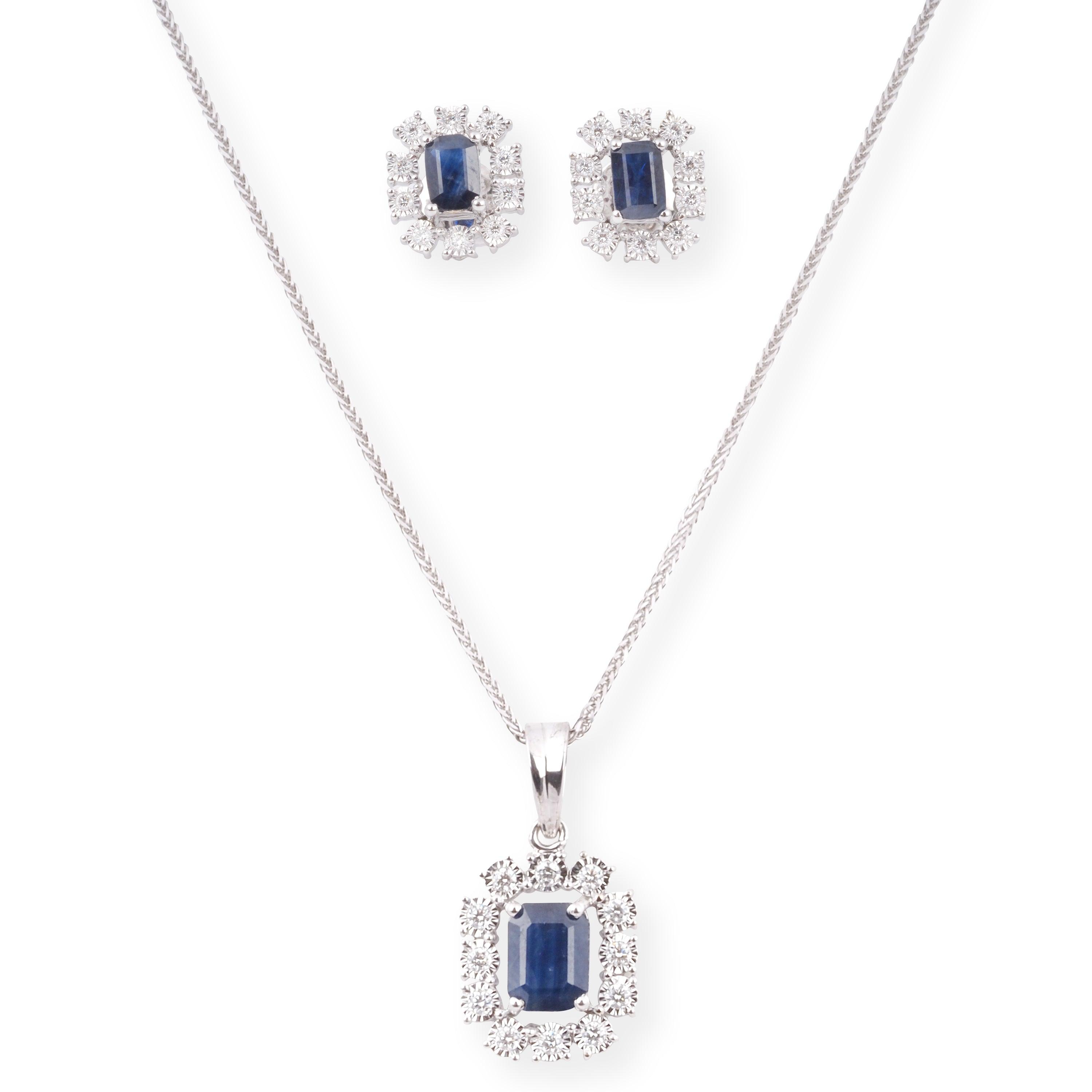 18ct White Gold Diamond and Blue Sapphire Set (Pendant + Chain + Earrings) MCS6861/2 - Minar Jewellers