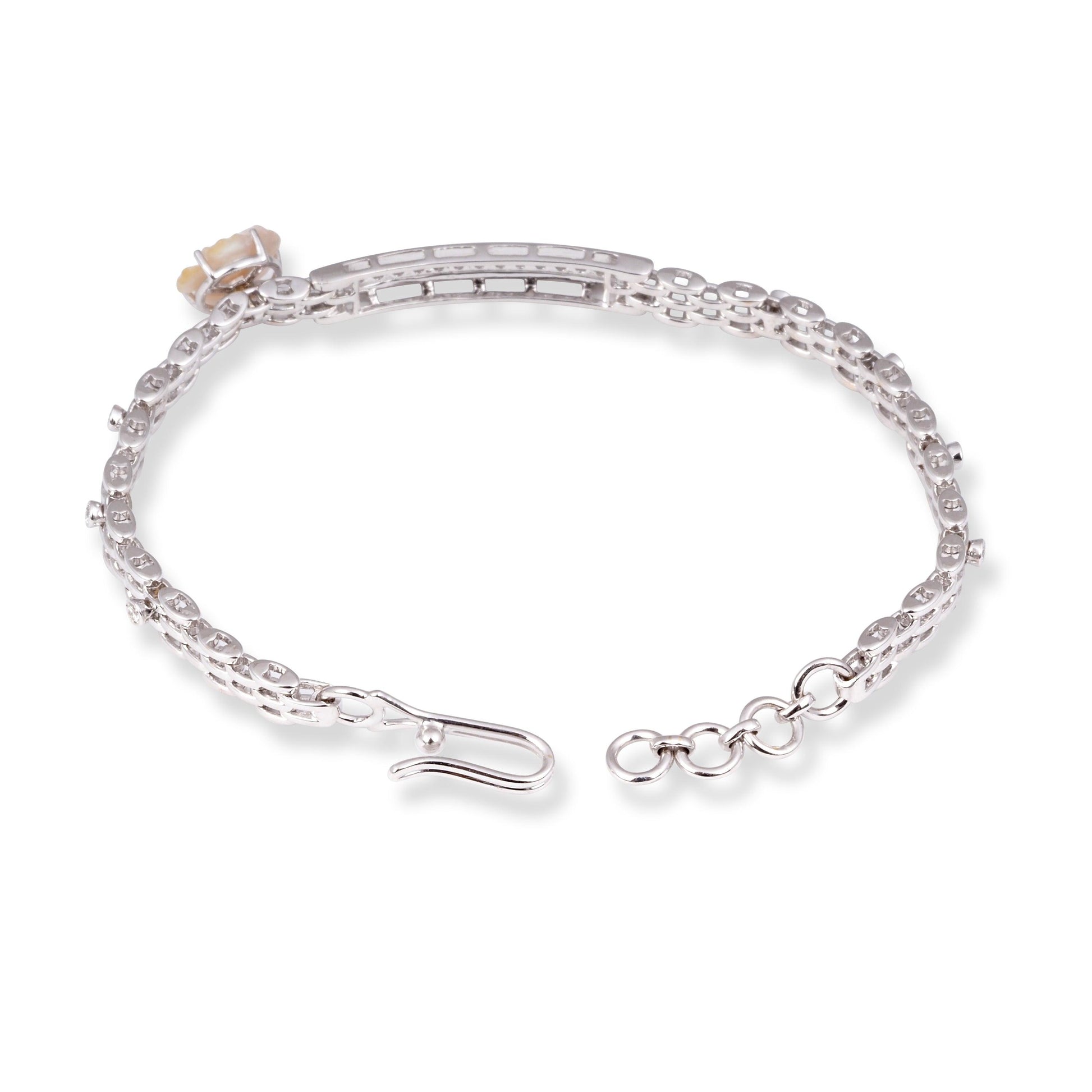 18ct White Gold Pavé Diamond and Cultured Pearl ID Bracelet with Flower Accent MCS6912 - Minar Jewellers