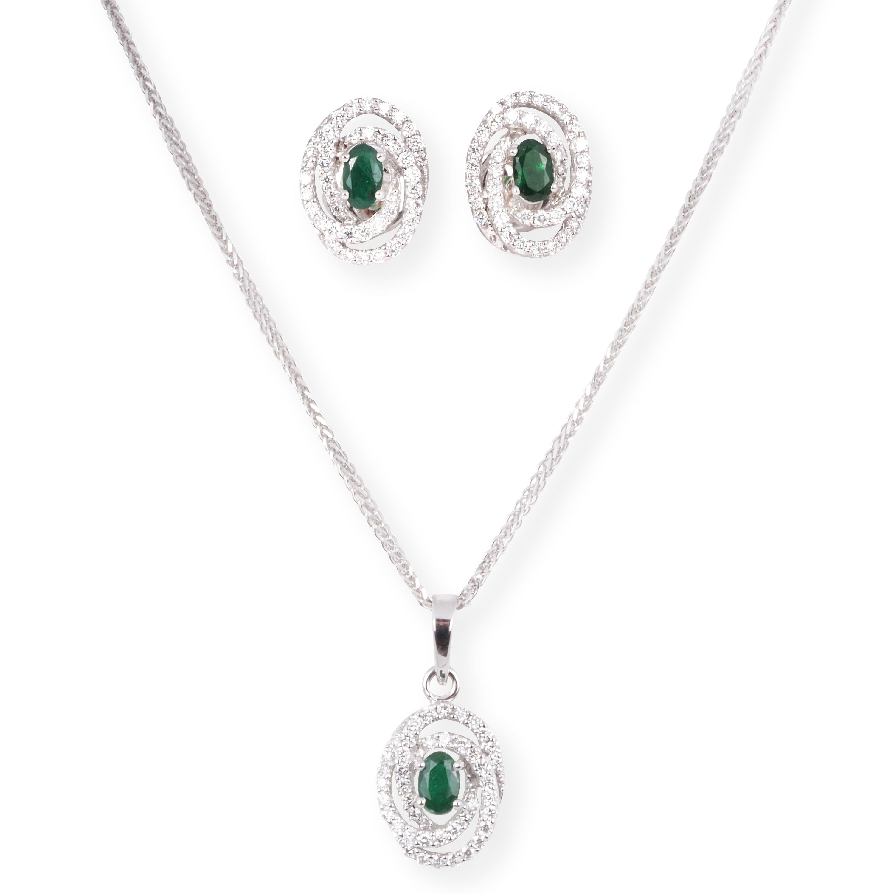 18ct White Gold Diamond and Emerald Set (Pendant + Chain + Earrings) MCS6863/4 - Minar Jewellers