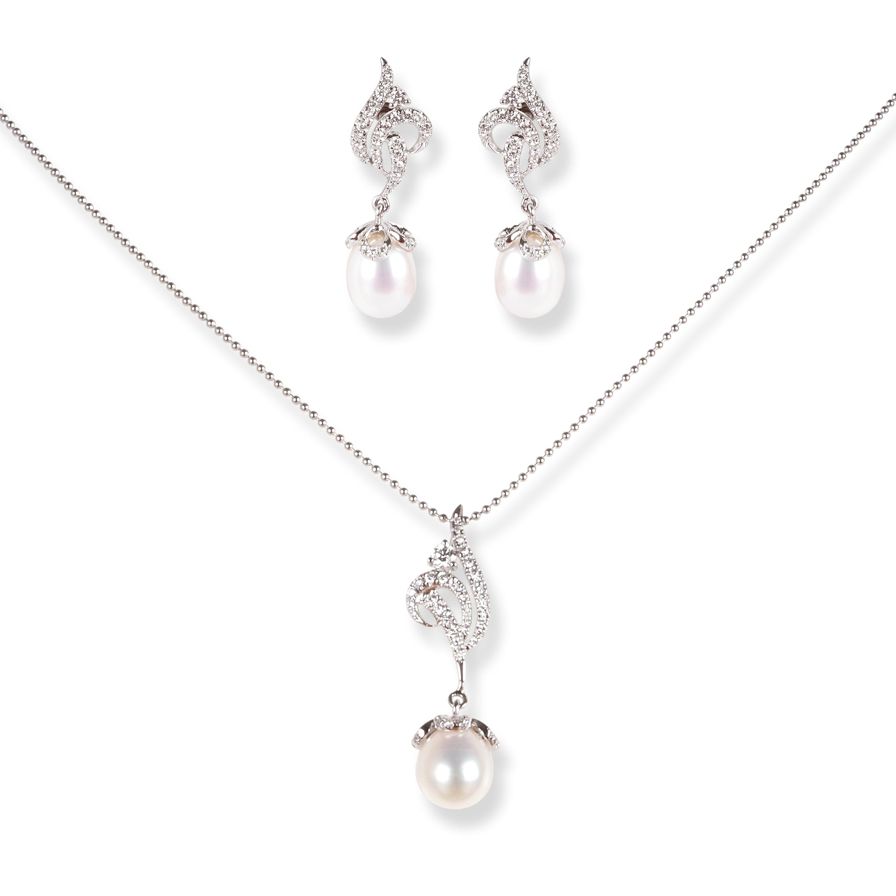 18ct White Gold Diamond & Cultured Pearl Drop Set (Pendant + Chain + Earrings) MCS6066/7 - Minar Jewellers