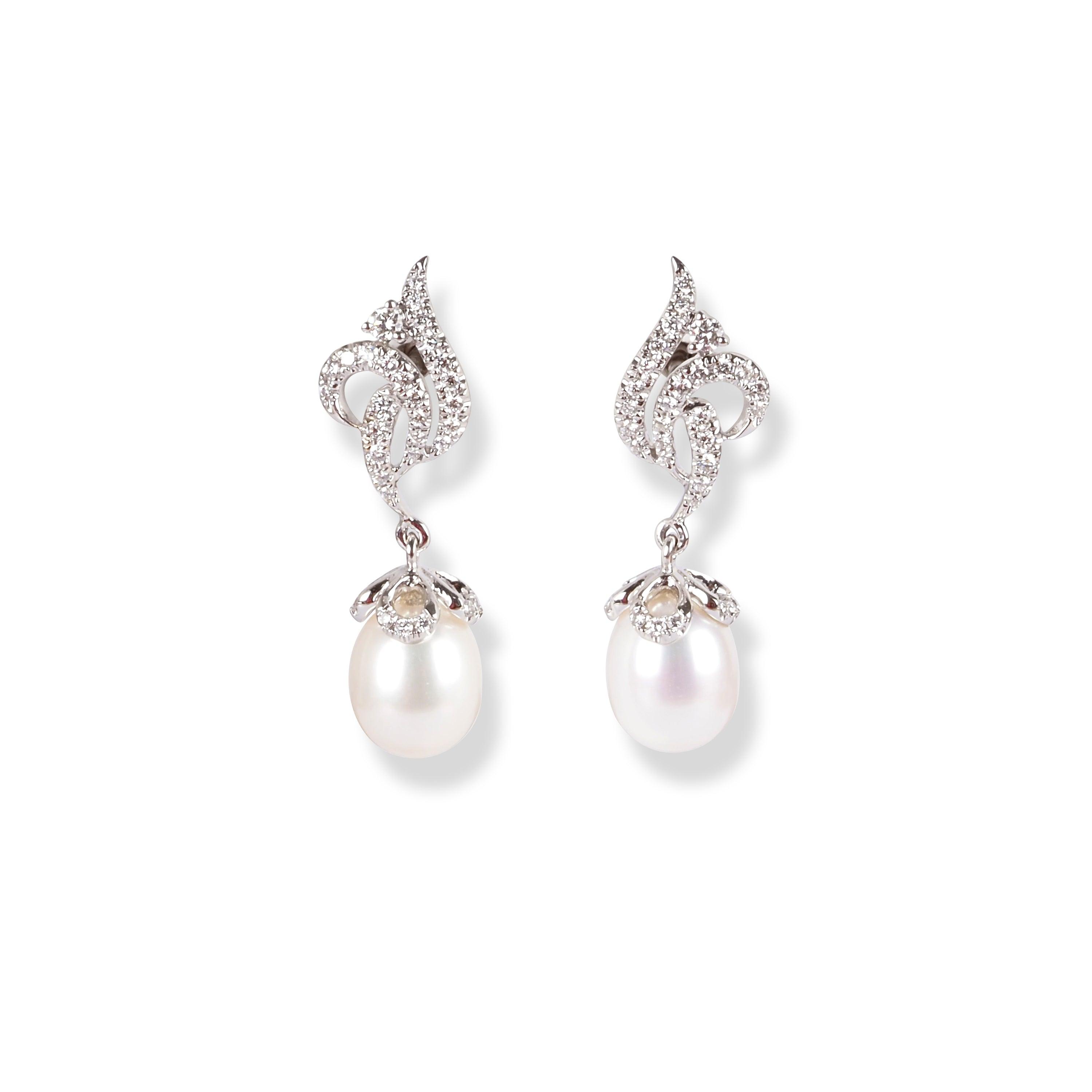 18ct White Gold Diamond & Cultured Pearl Drop Set (Pendant + Chain + Earrings) MCS6066/7 - Minar Jewellers