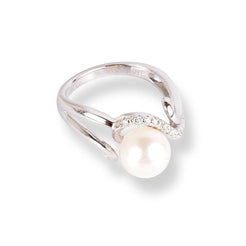 18ct White Gold Diamond & Cultured Pearl Ring LR-6647 - Minar Jewellers