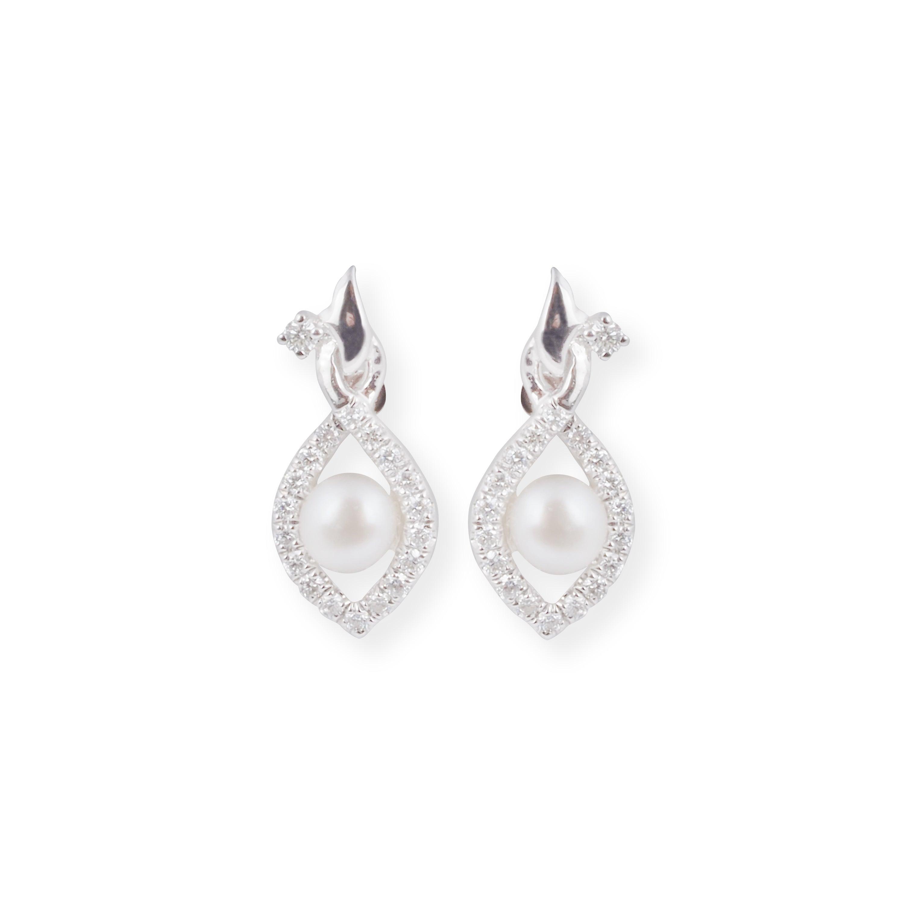 18ct White Gold Diamond Earrings with Cultured Pearl and Screw Back MCS6277 - Minar Jewellers