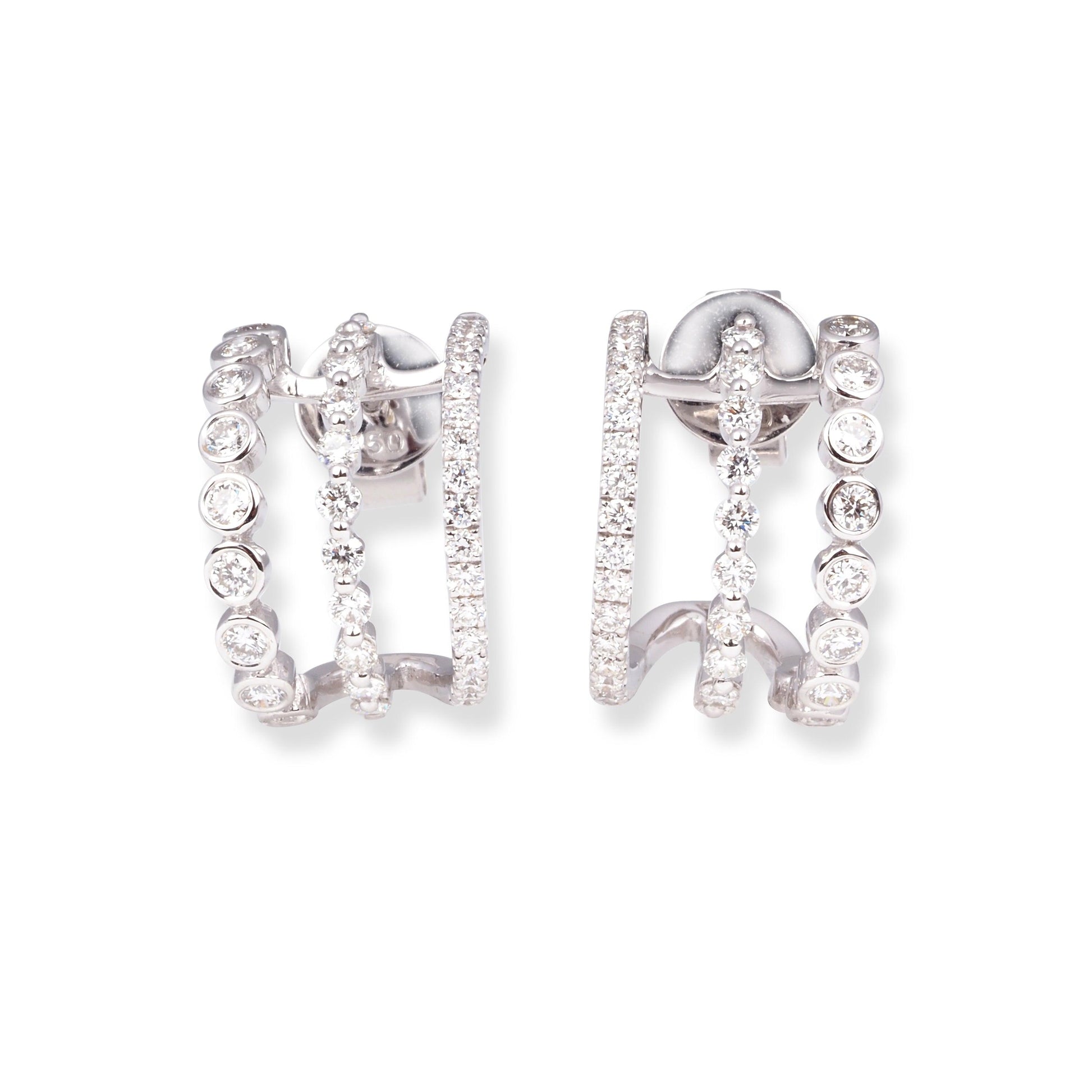 18ct White Gold Diamond Huggie Three Row Push Back Earrings E-7979 - Minar Jewellers