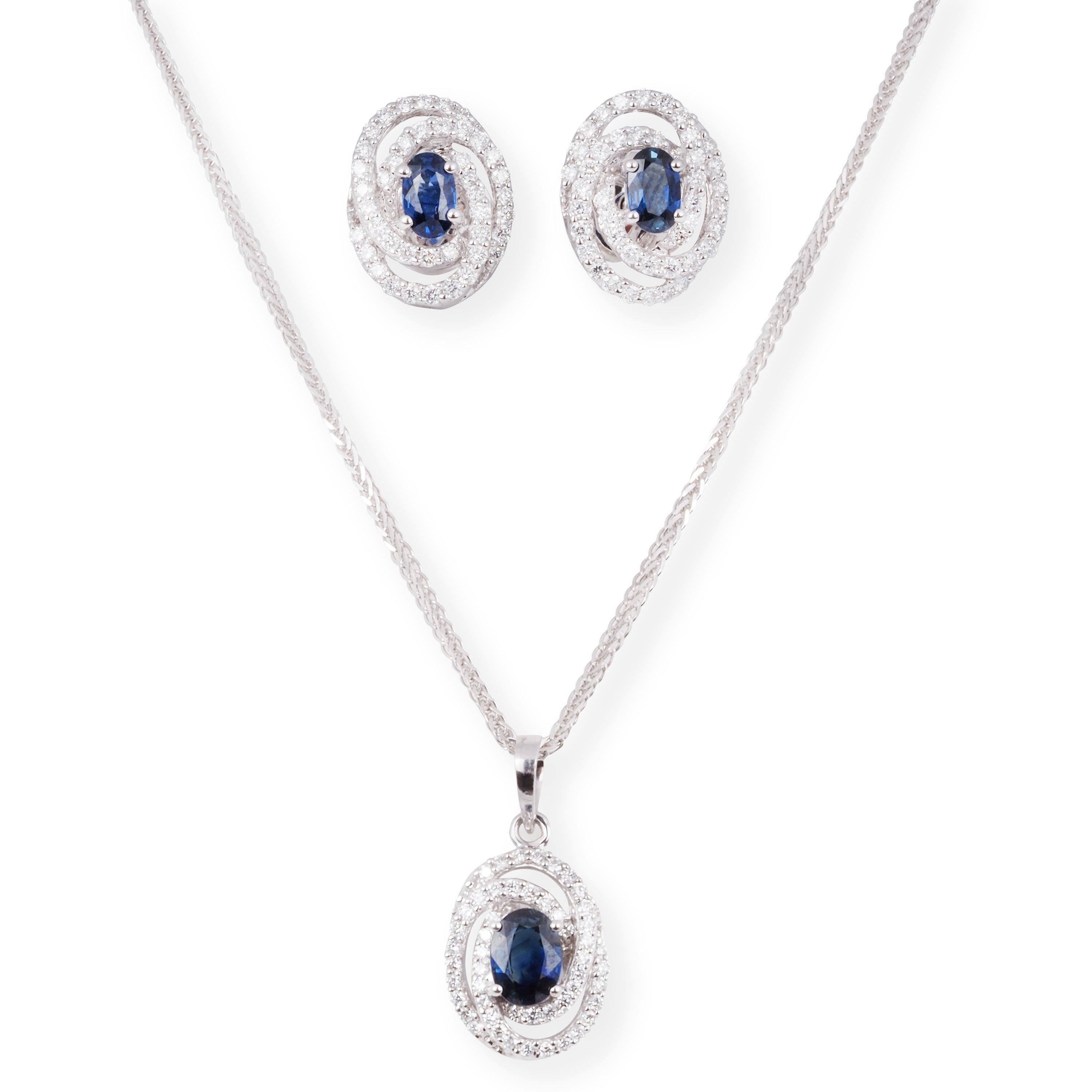 18ct White Gold Diamond and Blue Sapphire Set (Pendant + Chain + Earrings) MCS6899/6900 - Minar Jewellers