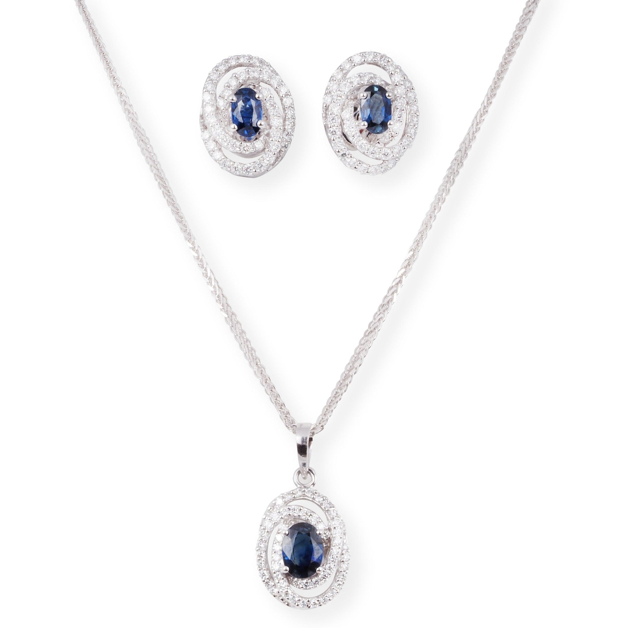 18ct White Gold Diamond and Blue Sapphire Set (Pendant + Chain + Earrings) MCS6899/6900