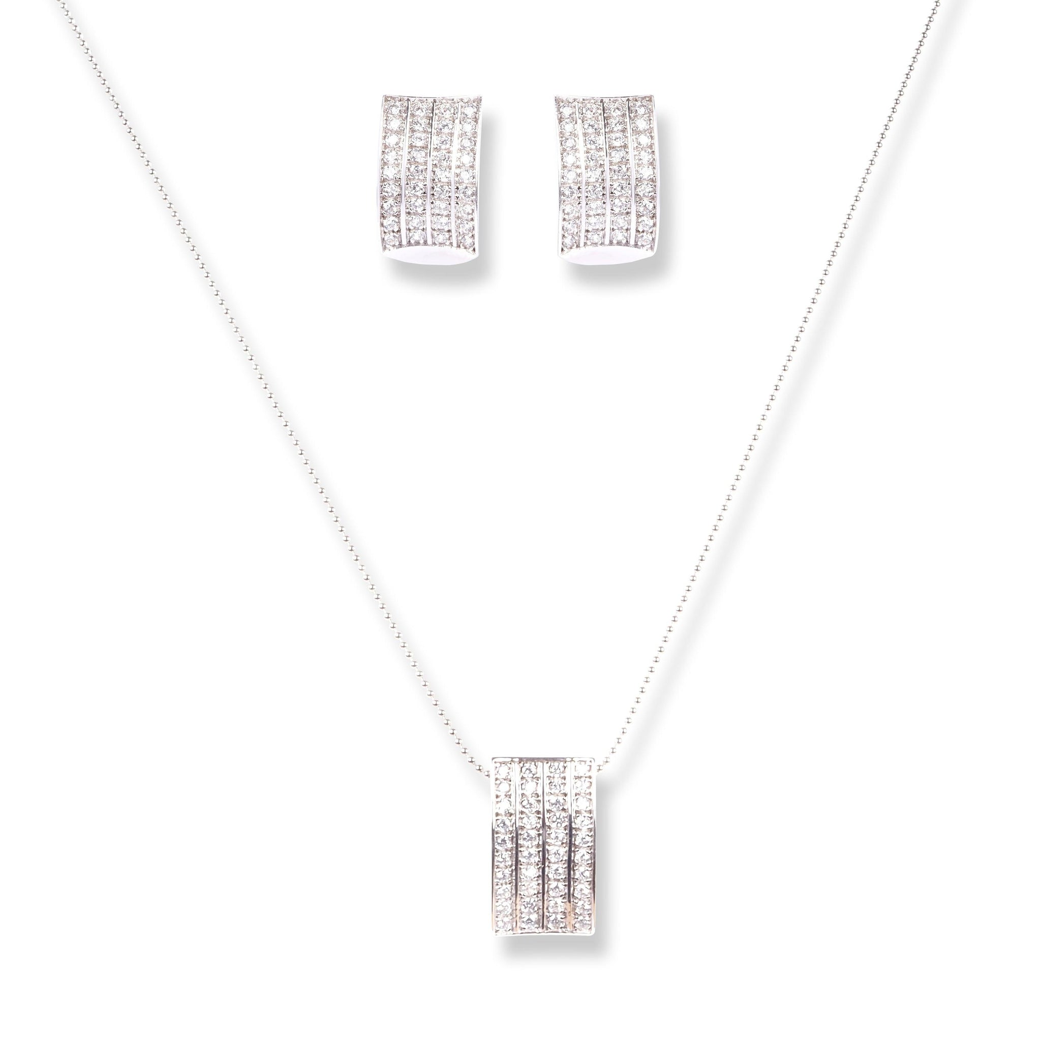 18ct White Gold Set with Cubic Zirconia Stones (Pendant + Chain + Hoop Earrings)