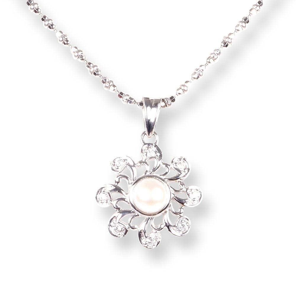 18ct White Gold Set with Cultured Pearl & Cubic Zirconia Stones (Pendant + Chain + Stud Earrings)