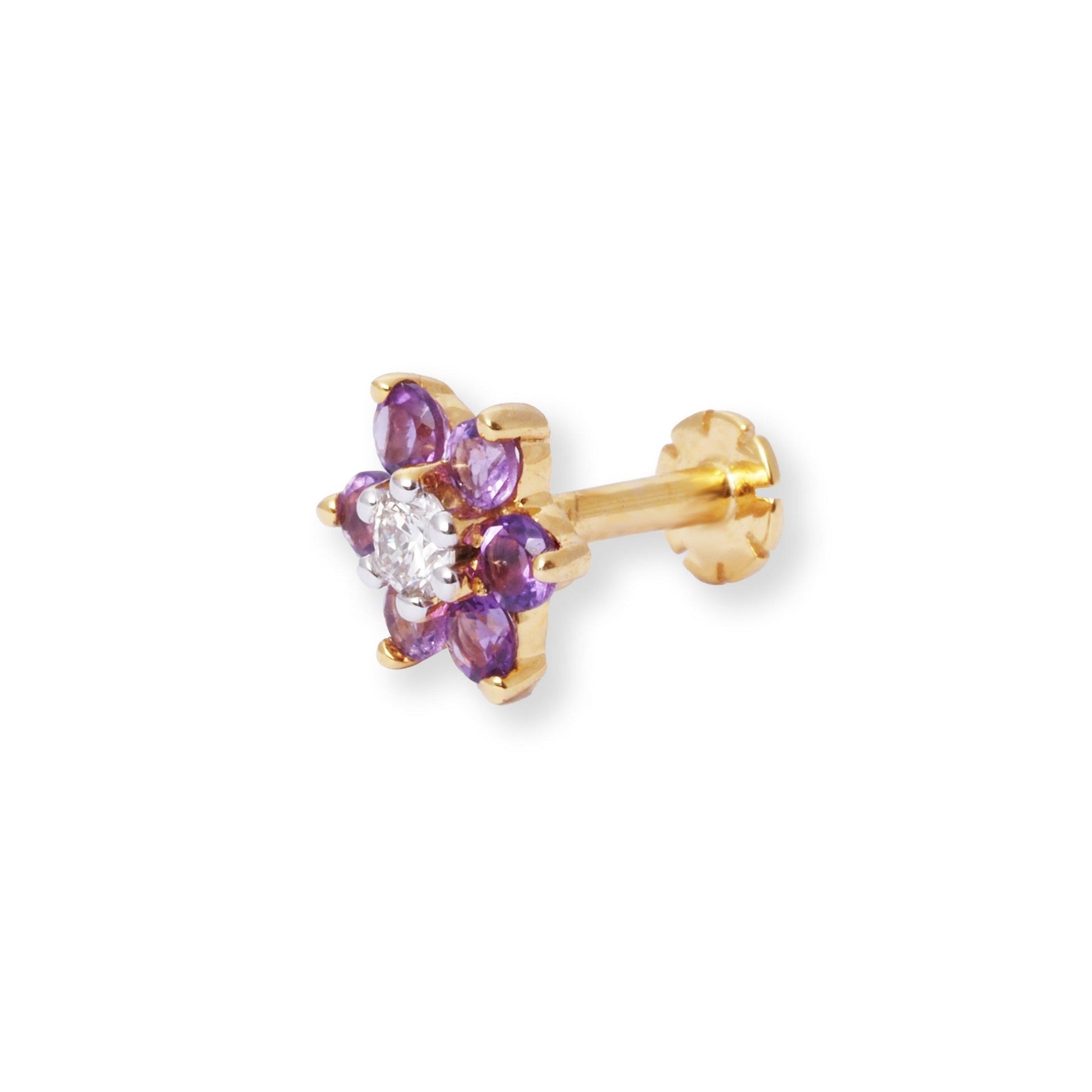 18ct Gold Diamond and Amethyst Cluster Screw Back Nose Stud MCS3449 - Minar Jewellers