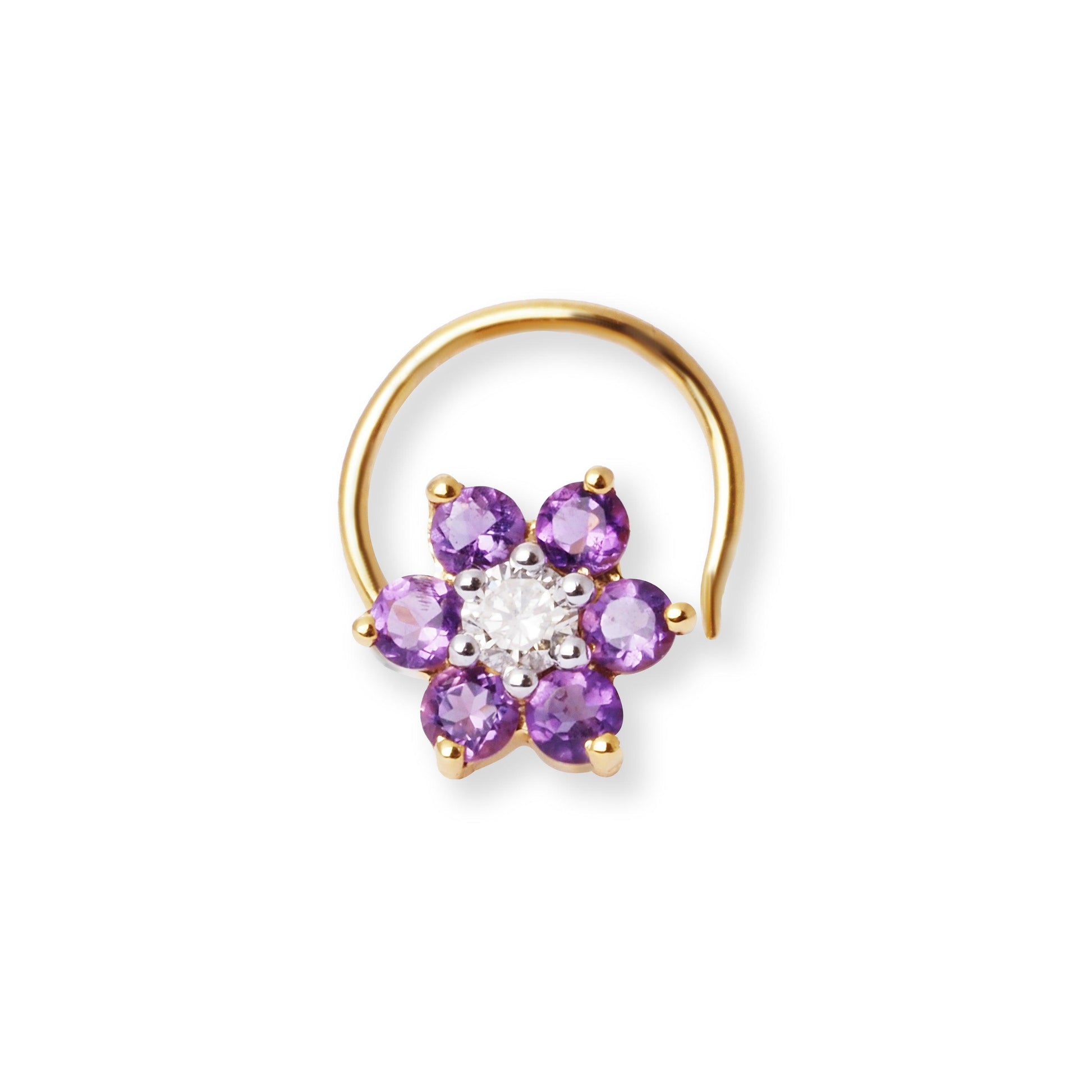 18ct Gold Diamond and Amethyst Cluster Wire Coil Back Nose Stud MCS3449 - Minar Jewellers
