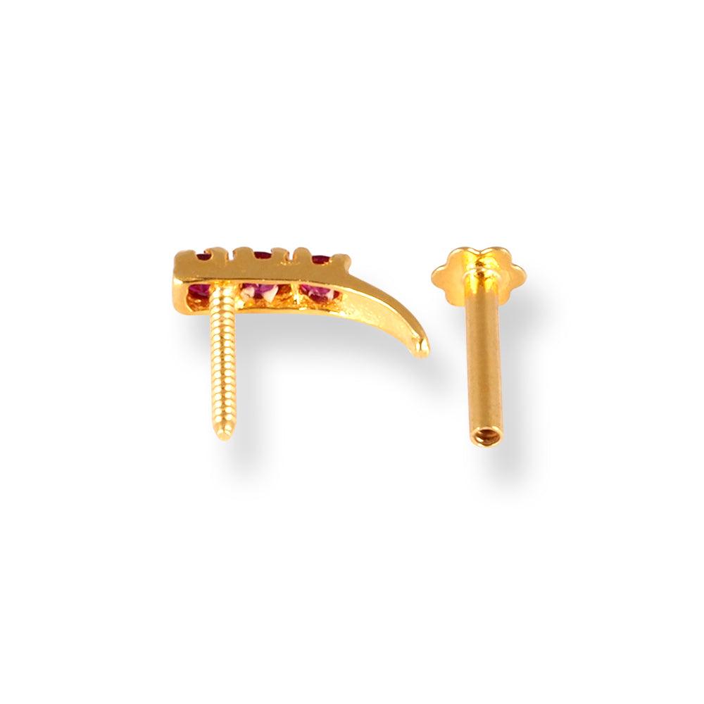 18ct Yellow Gold Faux Nose Ring Screw Back Nose Stud with 3 Pink or Black Cubic Zirconia Stones NIP-7-700 - Minar Jewellers