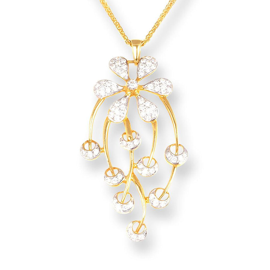 18ct Yellow Gold Floral Design Set with Cubic Zirconia Stones (Pendant + Chain + Earrings)