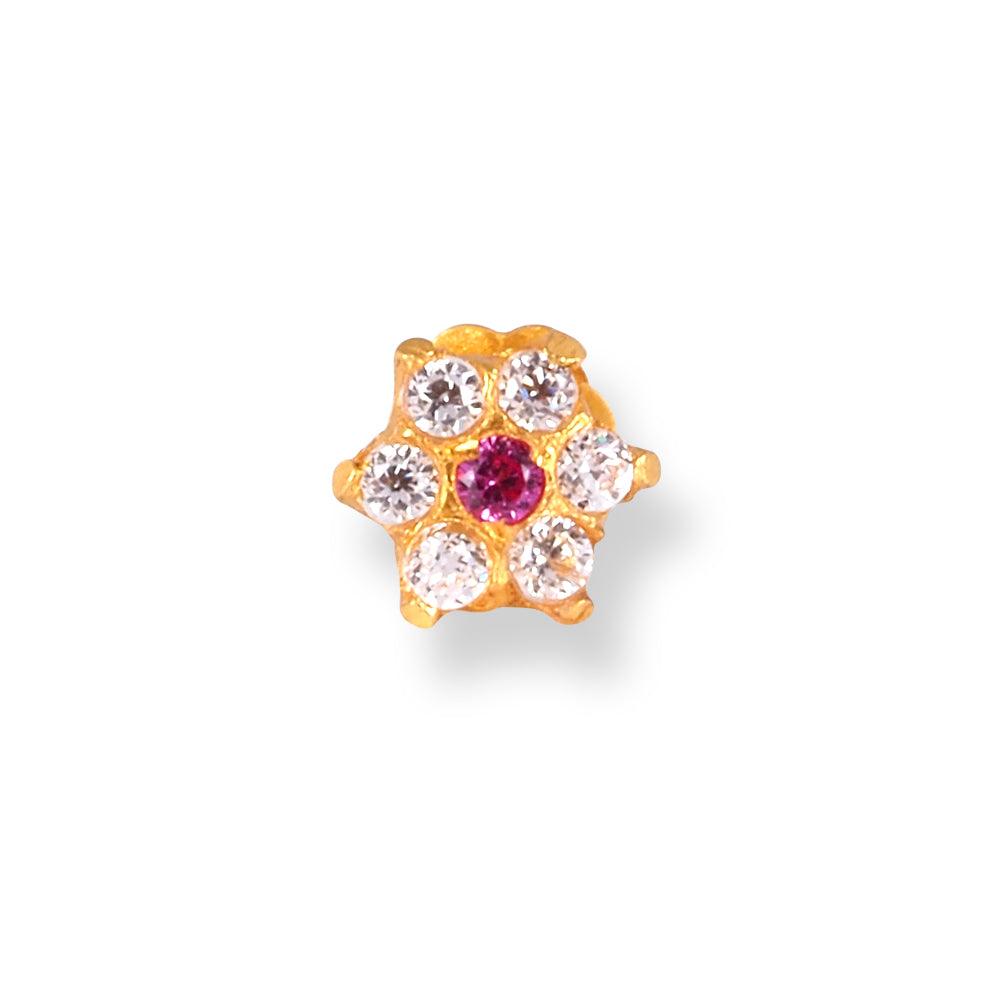 18ct Yellow Gold Flower Design Nose Stud with White & Pink Cubic Zirconia Stones NS-5802c - Minar Jewellers