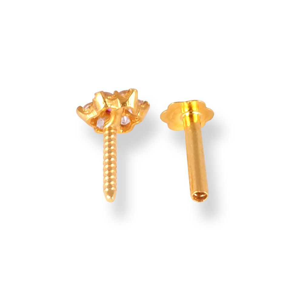 18ct Yellow Gold Flower Design Nose Stud with White & Pink Cubic Zirconia Stones NS-5802c