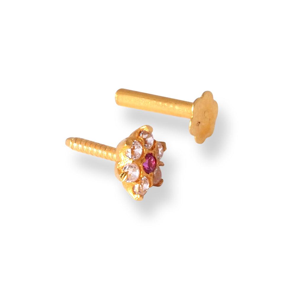 18ct Yellow Gold Flower Design Nose Stud with White & Pink Cubic Zirconia Stones NS-5802c