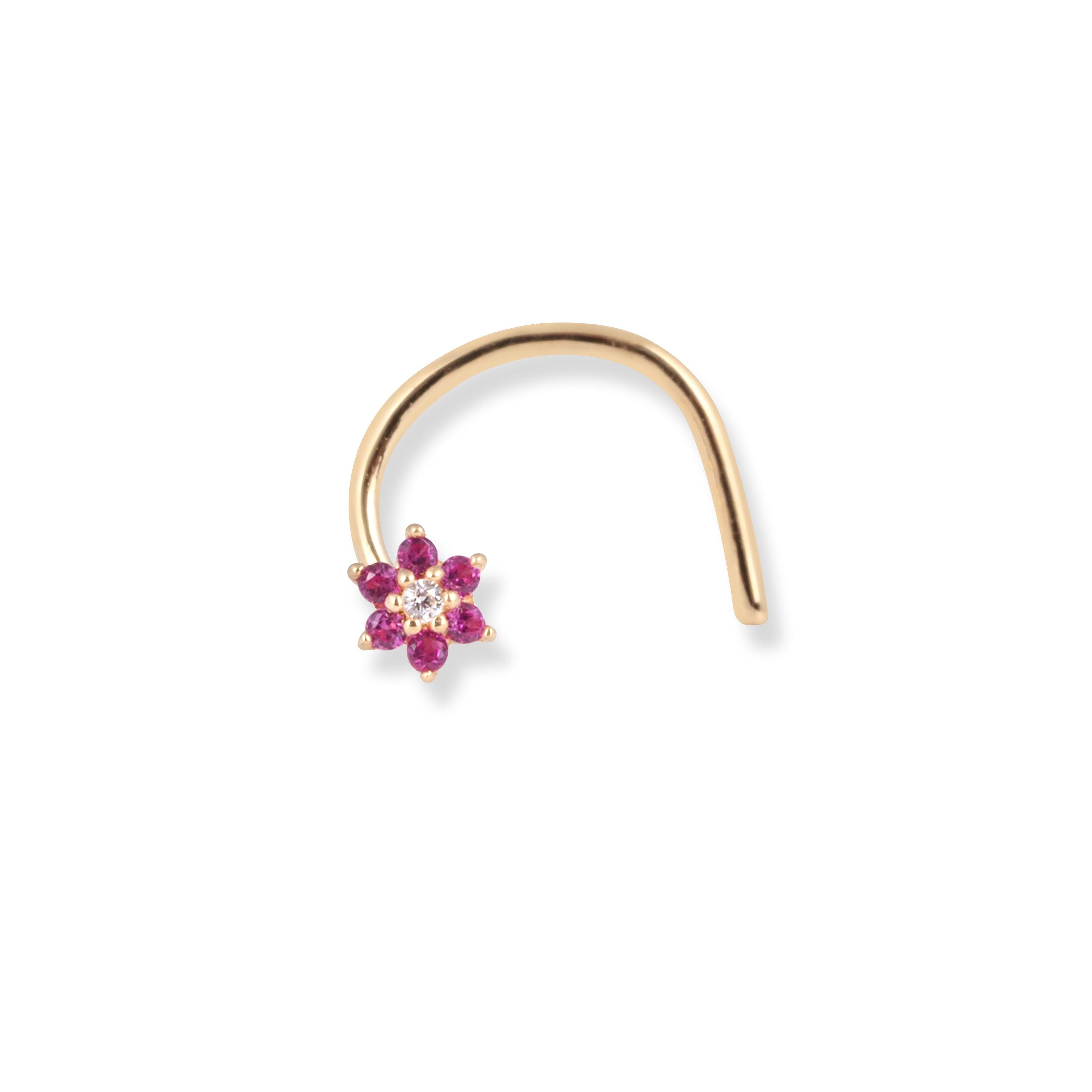 18ct Yellow Gold Flower Design Wire Back Nose Stud with 1 White & 6 Pink Cubic Zirconia Stones NS-7569 - Minar Jewellers