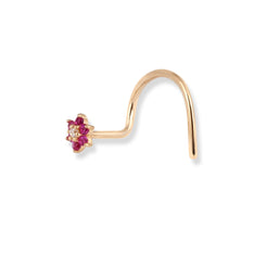 18ct Yellow Gold Flower Design Wire Back Nose Stud with 1 White & 6 Pink Cubic Zirconia Stones NS-7569 - Minar Jewellers