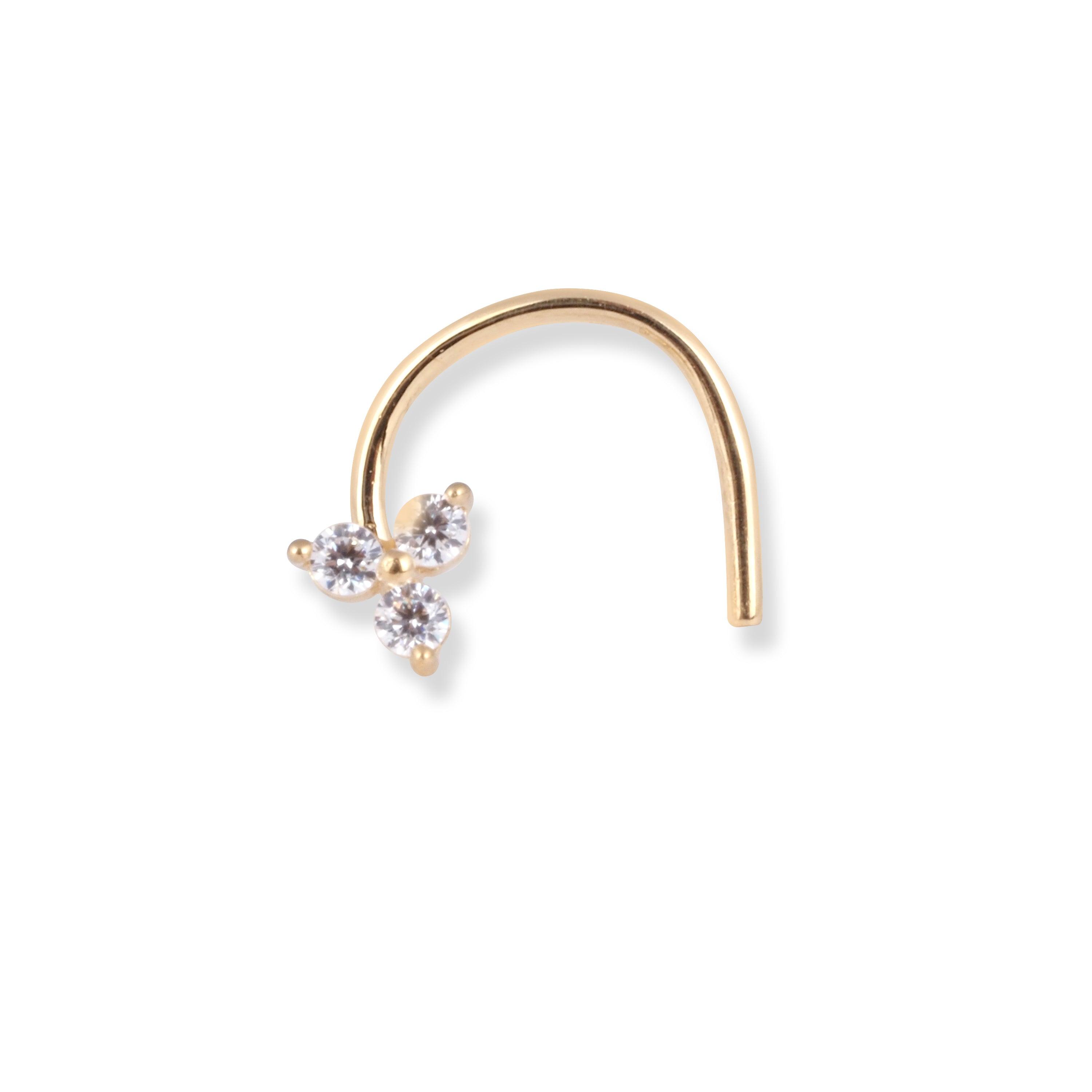 18ct Yellow Gold Flower Design Wire Back Nose Stud with 3 White Cubic Zirconia Stones NS-7574 - Minar Jewellers