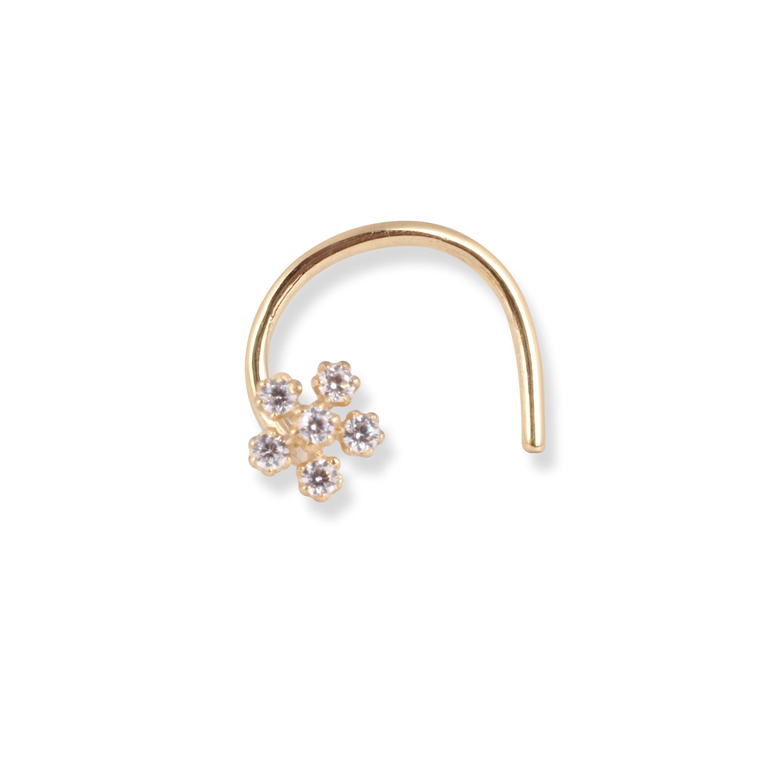 18ct Yellow Gold Flower Design Wire Back Nose Stud with 6 White Cubic Zirconia Stones NS-7572 - Minar Jewellers