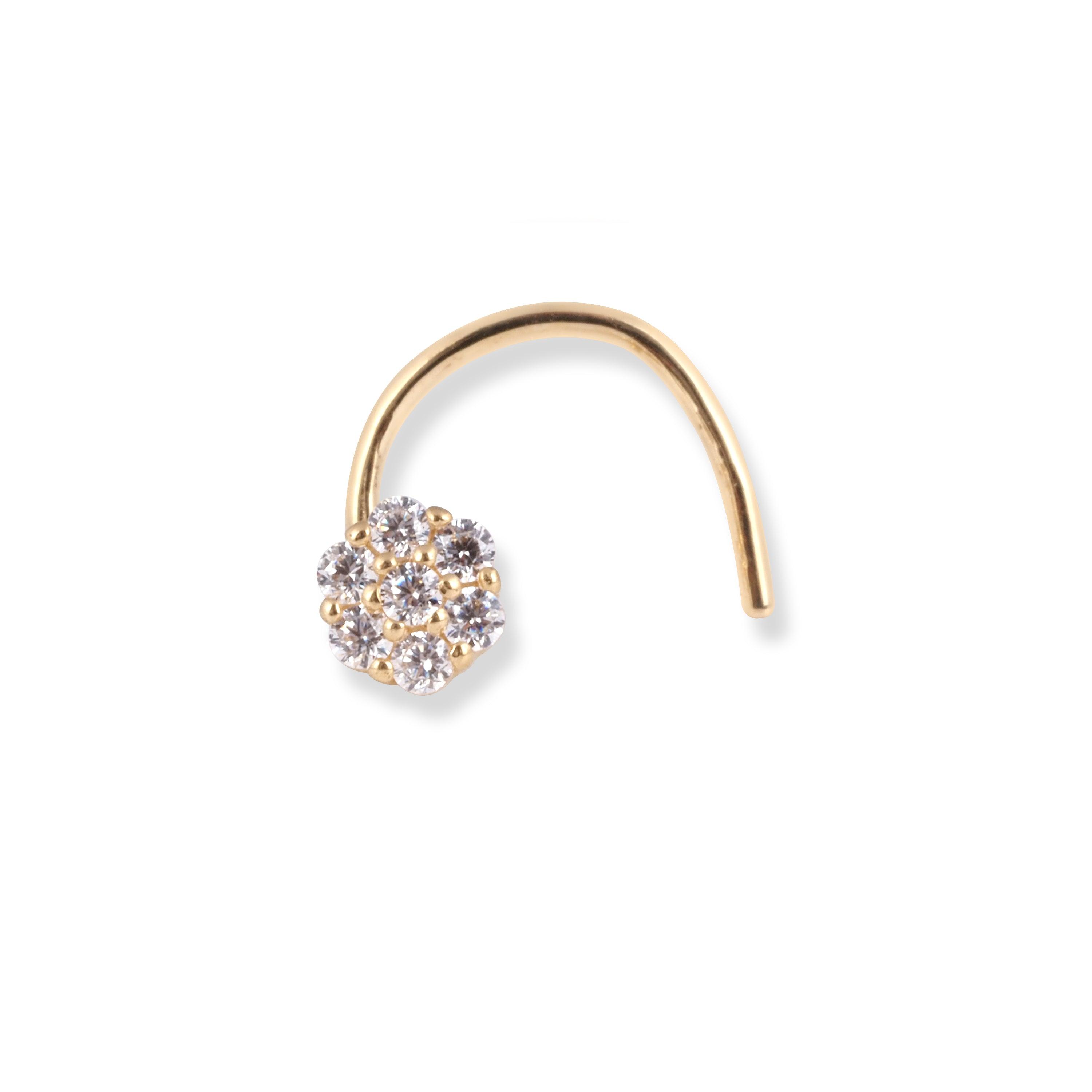18ct Yellow Gold Flower Design Wire Back Nose Stud with 7 White Cubic Zirconia Stones NS-7571 - Minar Jewellers
