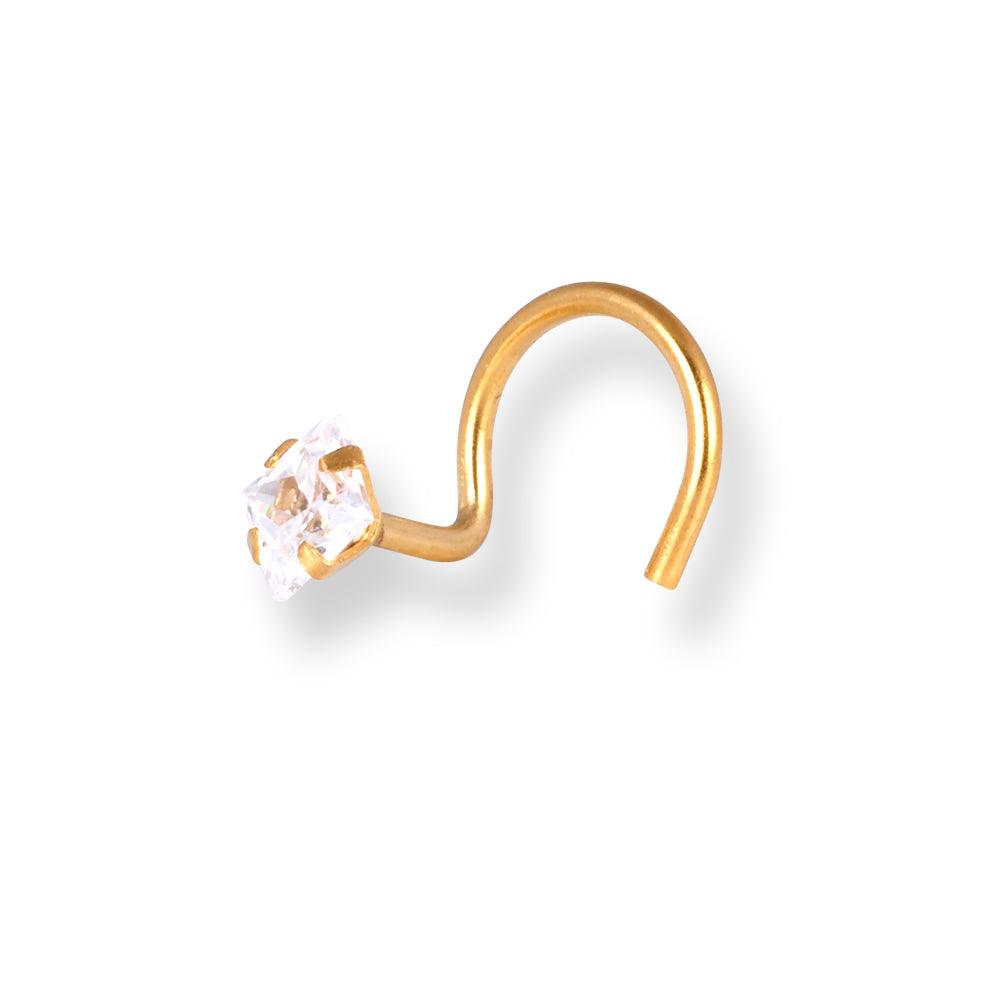 18ct Yellow Gold Princes Cut Cubic Zirconia Wire Coil Back Nose Stud NS-7540 - Minar Jewellers