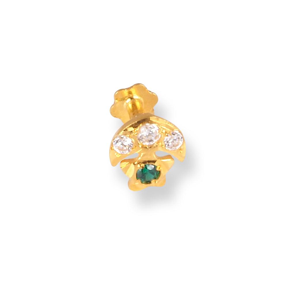 18ct Yellow Gold Screw Back Crescent and Star Nose Stud with Three white & One Green Cubic Zirconia Stones NS-5140