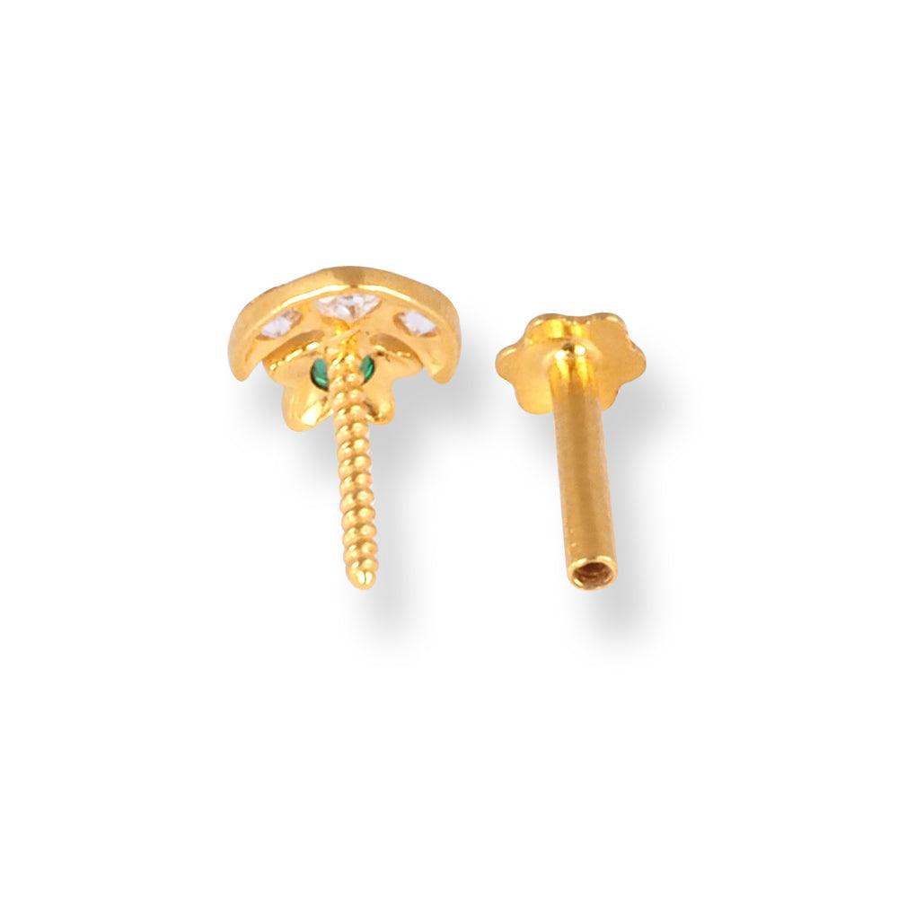 18ct Yellow Gold Screw Back Crescent and Star Nose Stud with Three white & One Green Cubic Zirconia Stones NS-5140 - Minar Jewellers