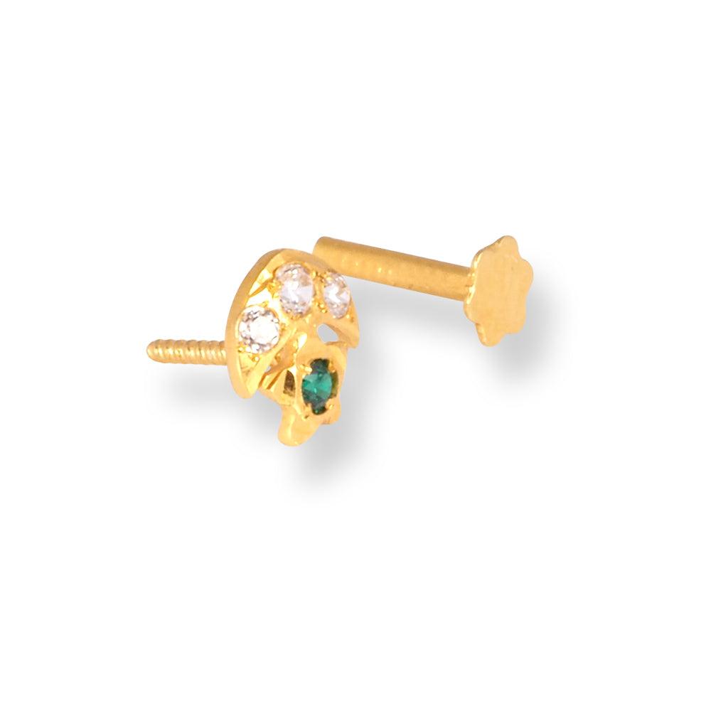 18ct Yellow Gold Screw Back Crescent and Star Nose Stud with Three white & One Green Cubic Zirconia Stones NS-5140