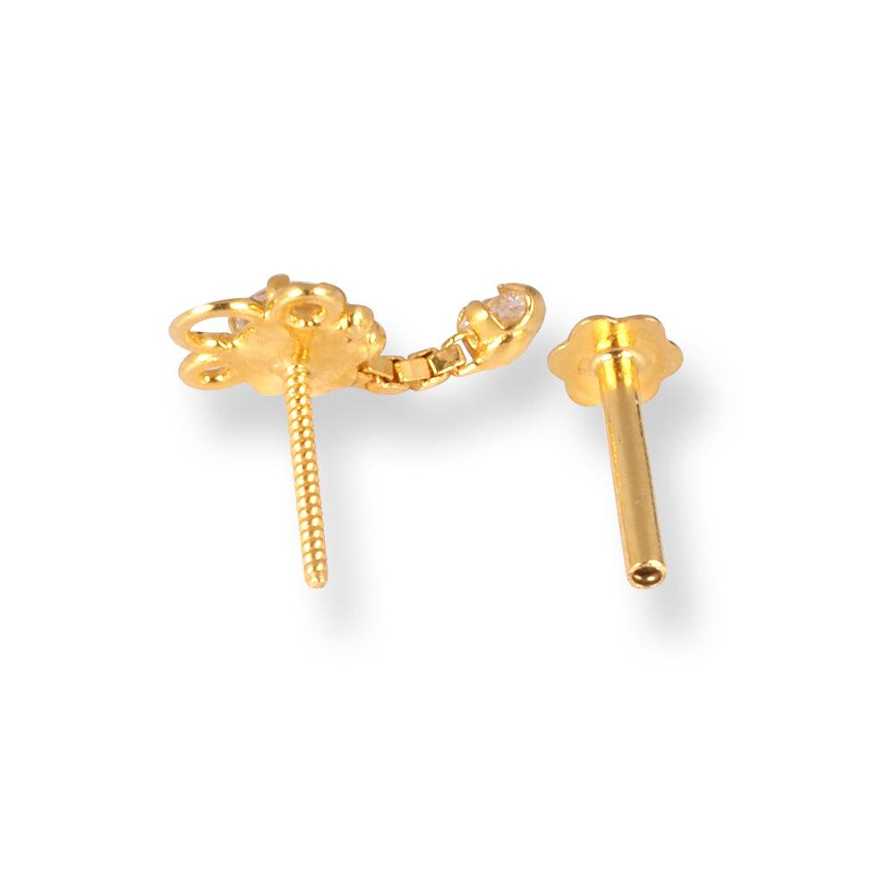 18ct Yellow Gold Screw Back Drop Nose Stud with Cubic Zirconia Stones NIP-4-940a