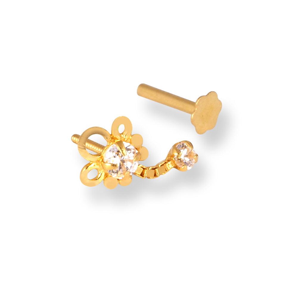 18ct Yellow Gold Screw Back Drop Nose Stud with Cubic Zirconia Stones NIP-4-940a