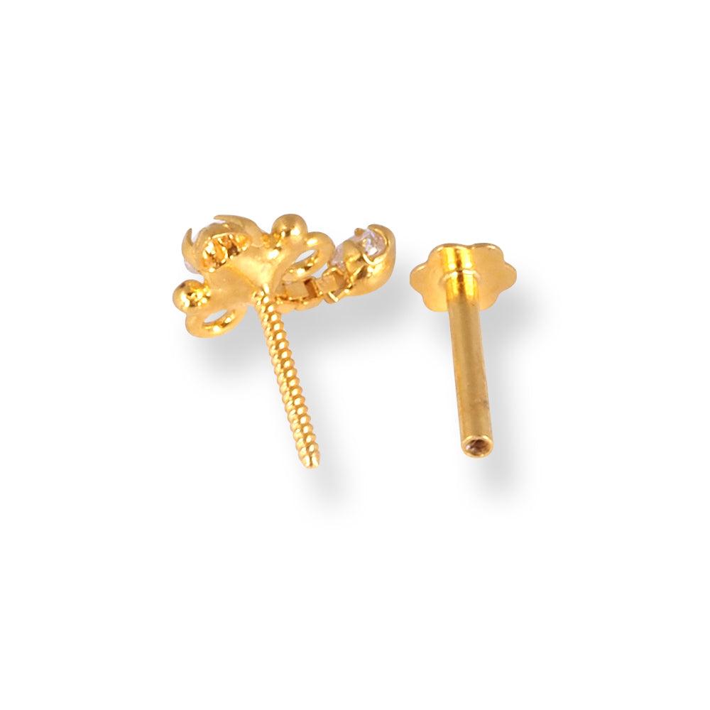 18ct Yellow Gold Screw Back Drop Nose Stud with Cubic Zirconia Stones NIP-4-940b - Minar Jewellers