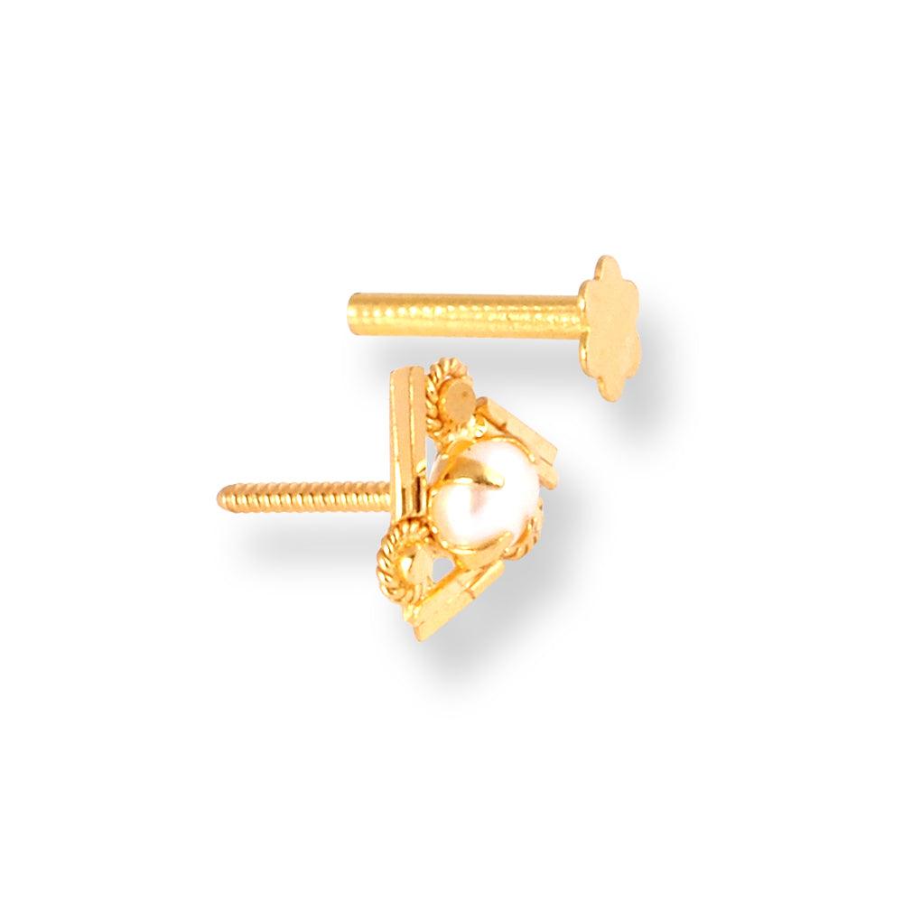 18ct Yellow Gold Screw Back Nose Stud in Triangular Shape with a Cultured Pearl NIP-6-770b