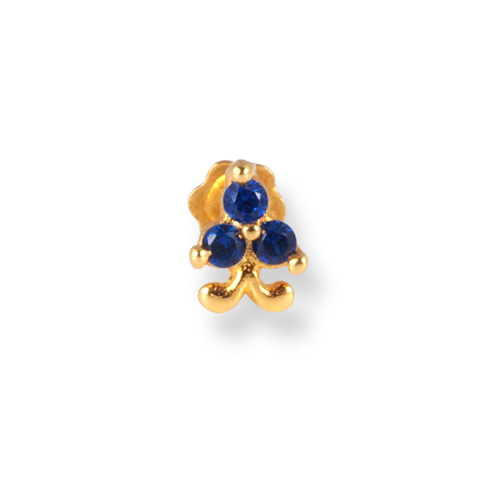 18ct Yellow Gold Screw Back Nose Stud with 3 Blue Cubic Zirconia Stones NIP-4-070d - Minar Jewellers