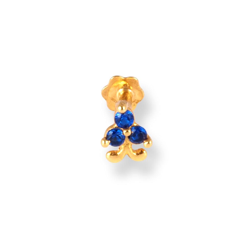18ct Yellow Gold Screw Back Nose Stud with 3 Blue Cubic Zirconia Stones NIP-4-070d