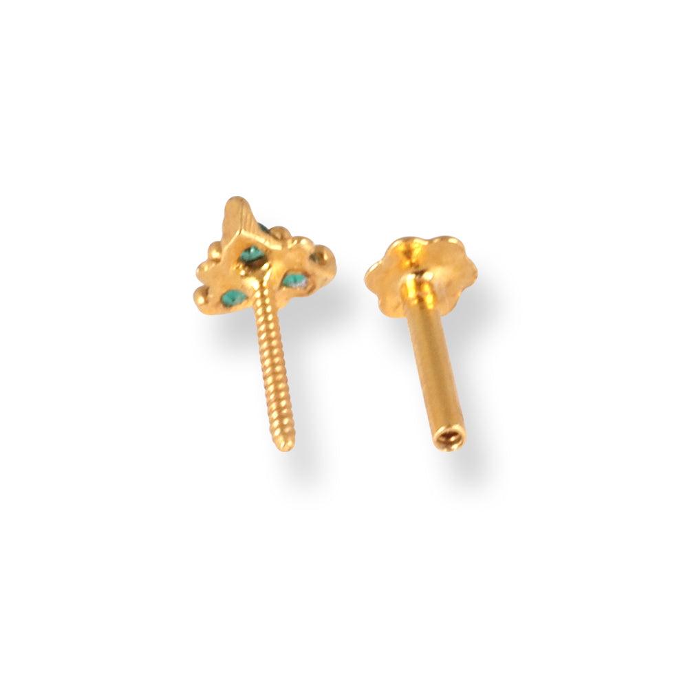 18ct Yellow Gold Screw Back Nose Stud with 3 Green Cubic Zirconia Stones NIP-4-070j - Minar Jewellers