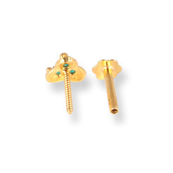 18ct Yellow Gold Screw Back Nose Stud with 3 Green Cubic Zirconia Stones NIP-4-070b - Minar Jewellers