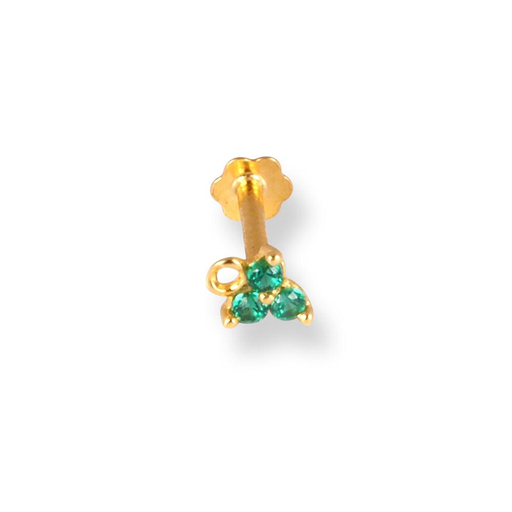 18ct Yellow Gold Screw Back Nose Stud with 3 Green Cubic Zirconia Stones NIP-4-070g - Minar Jewellers