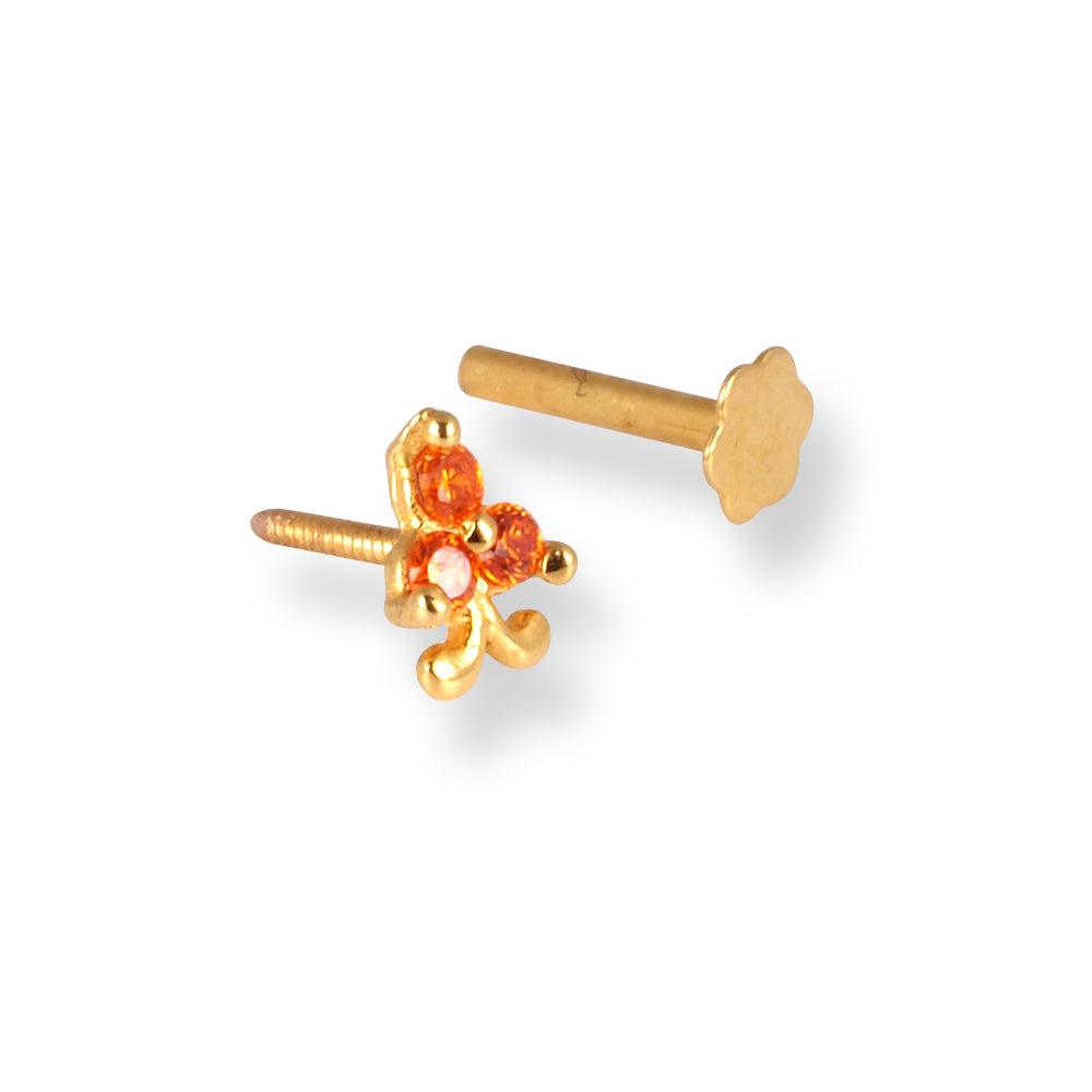 18ct Yellow Gold Screw Back Nose Stud with 3 Orange Cubic Zirconia Stones NIP-4-070e - Minar Jewellers