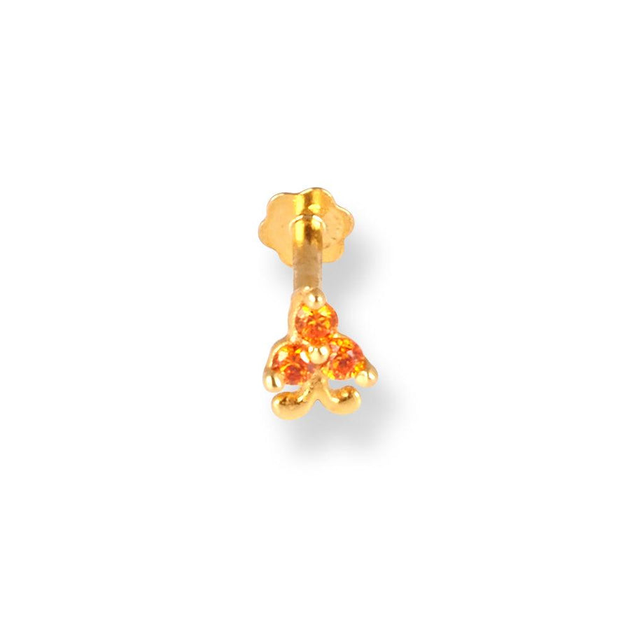 18ct Yellow Gold Screw Back Nose Stud with 3 Orange Cubic Zirconia Stones NIP-4-070e
