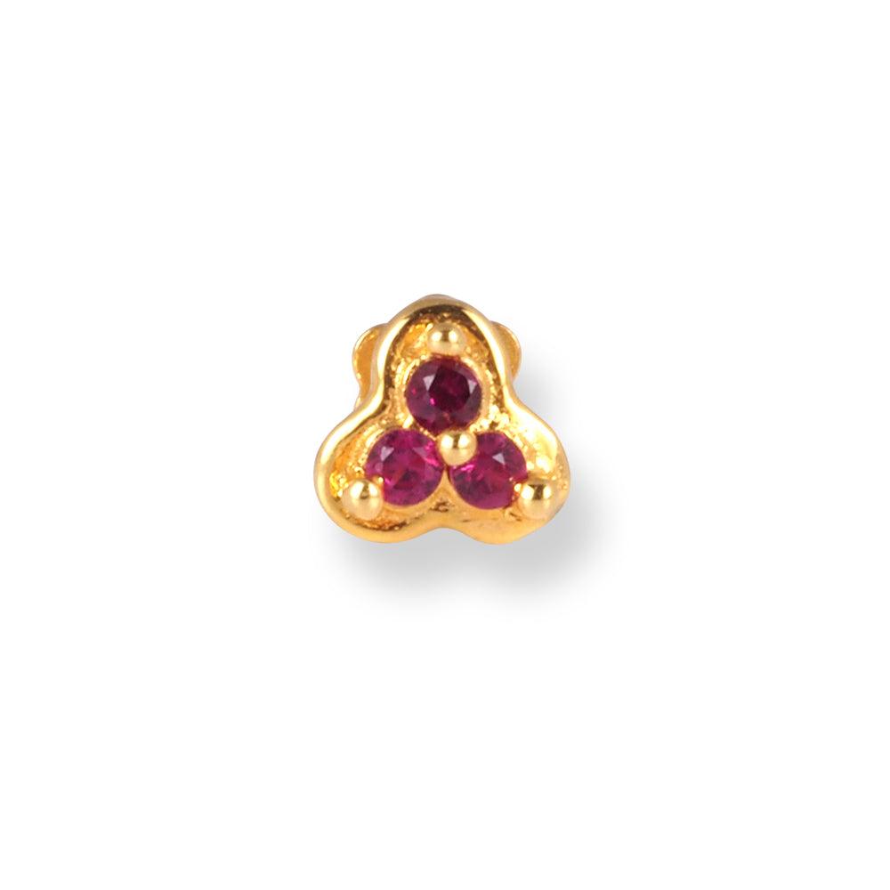 18ct Yellow Gold Screw Back Nose Stud with 3 Pink Cubic Zirconia Stones NIP-4-070c - Minar Jewellers