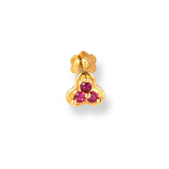 18ct Yellow Gold Screw Back Nose Stud with 3 Pink Cubic Zirconia Stones NIP-4-070c - Minar Jewellers